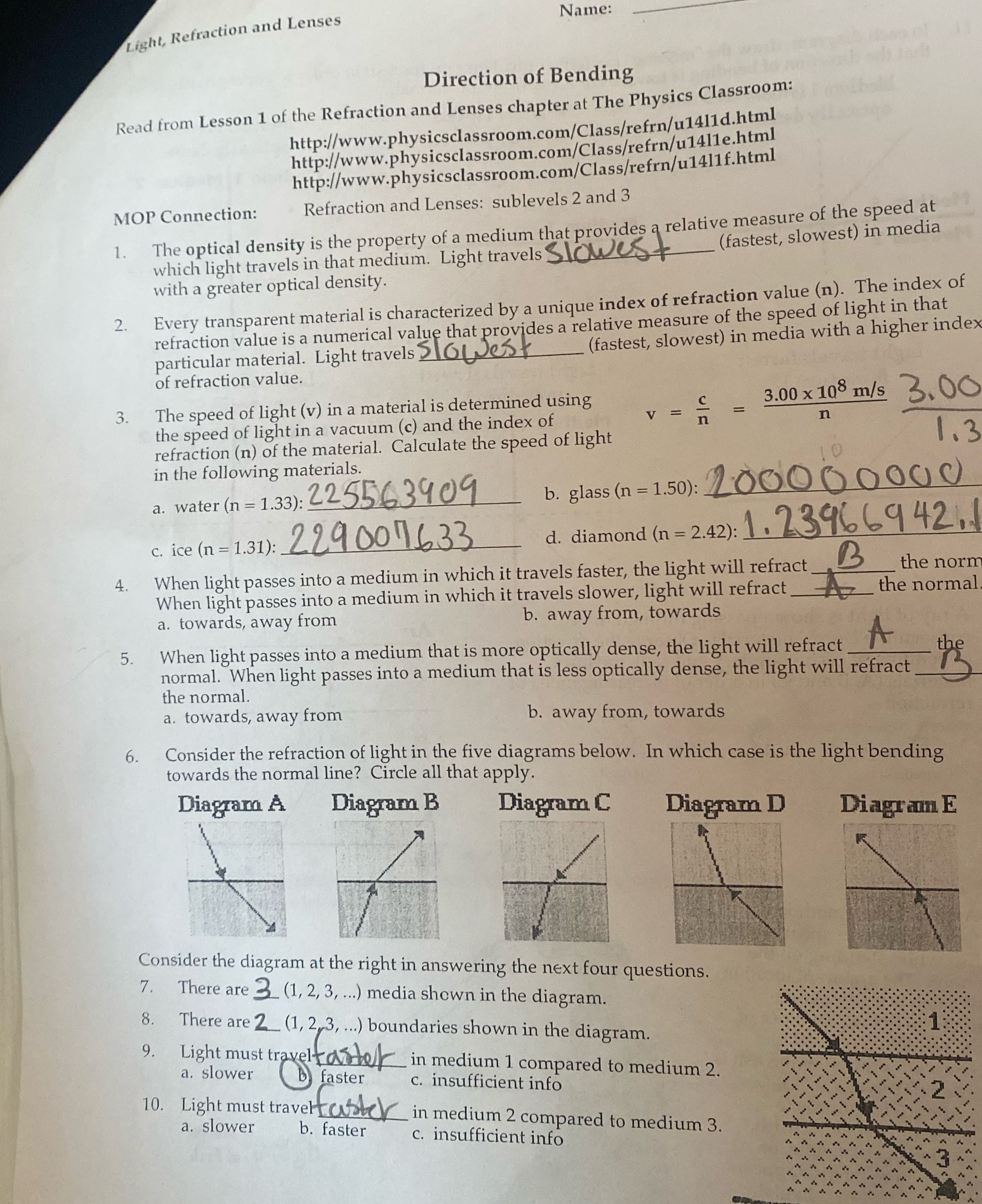 Name: Light, Refraction and Lenses Direction of