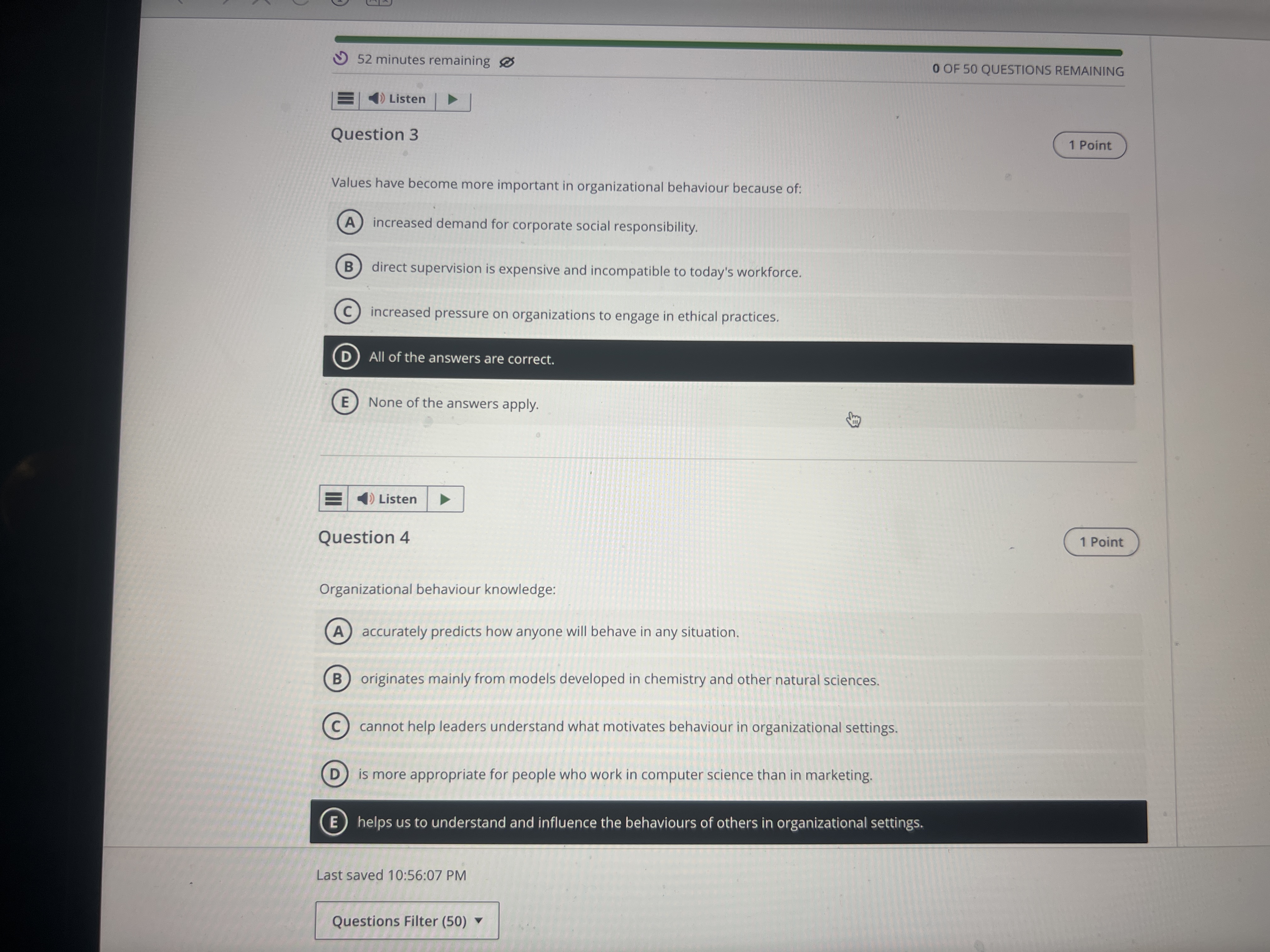 9 52 minutes remaining O OF 50 QUESTIONS