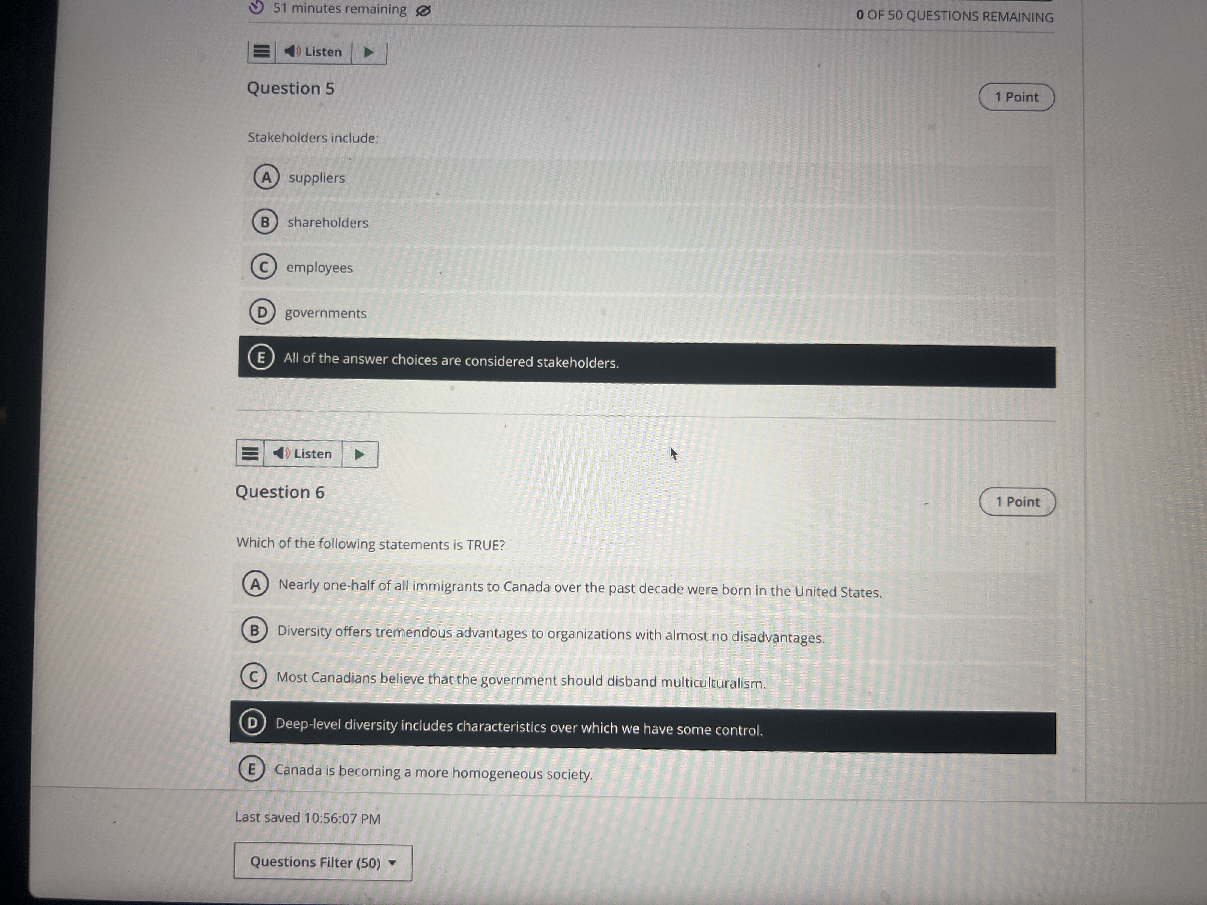 9 52 minutes remaining O OF 50 QUESTIONS