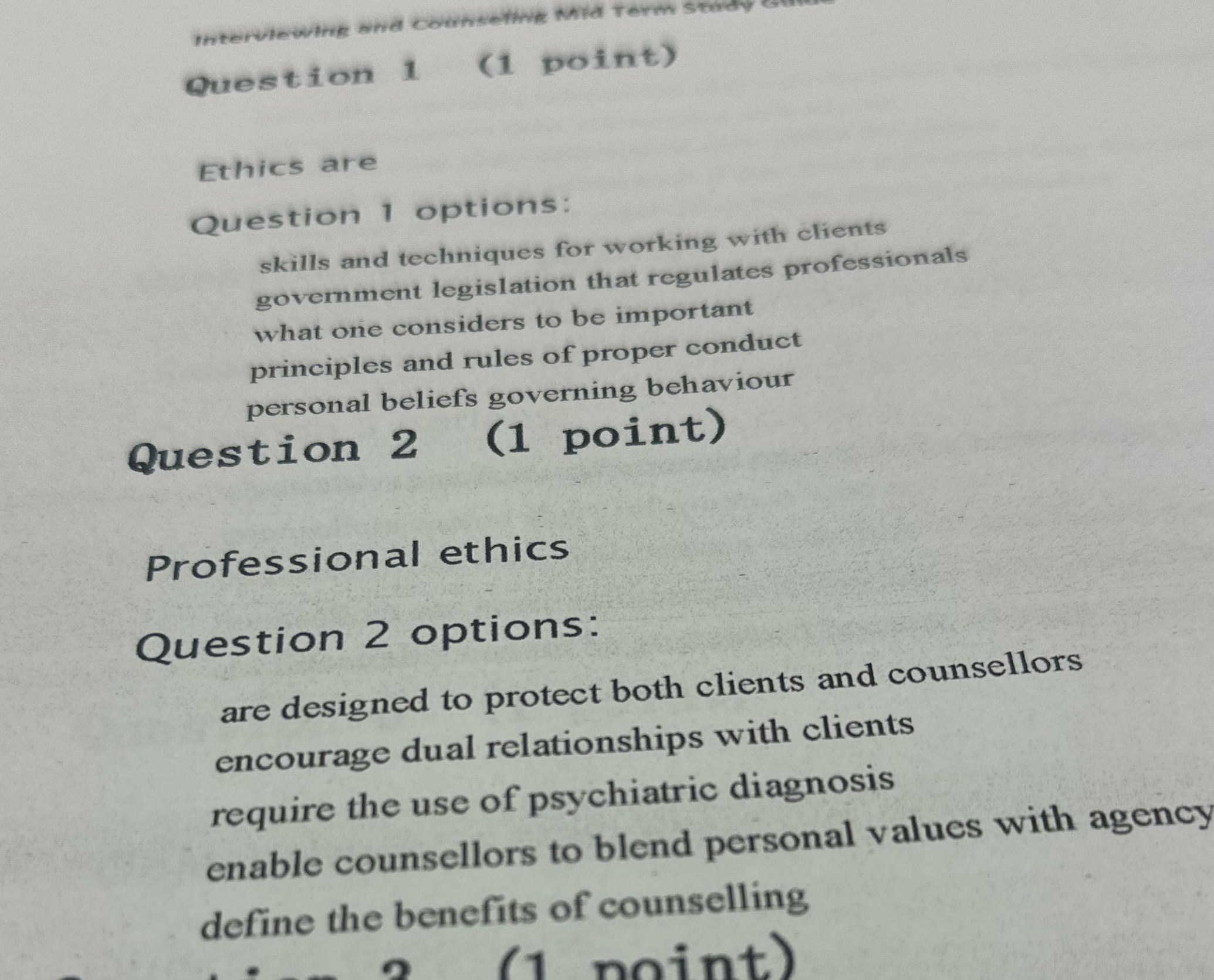 Y Interviewing and counseling Mid Term Question 1