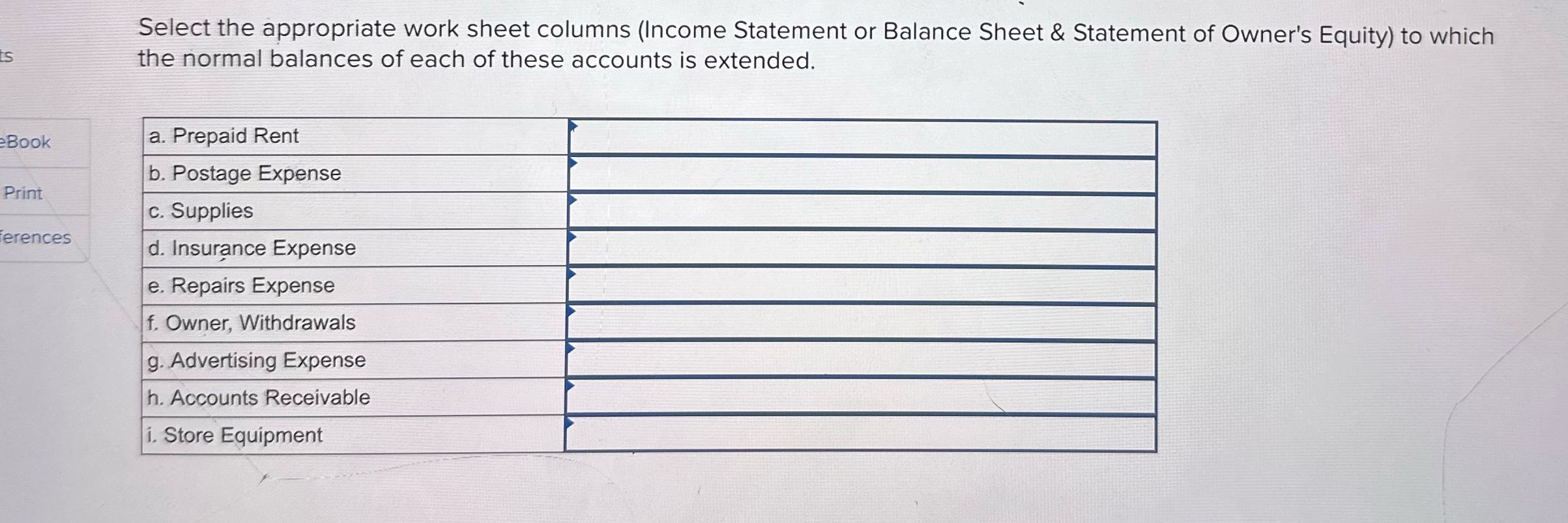 Select the appropriate work sheet columns (Income