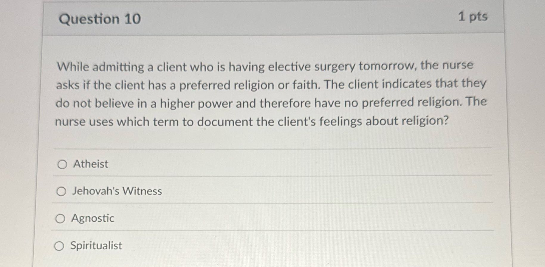 Question 10 1 pts While admitting a client who is