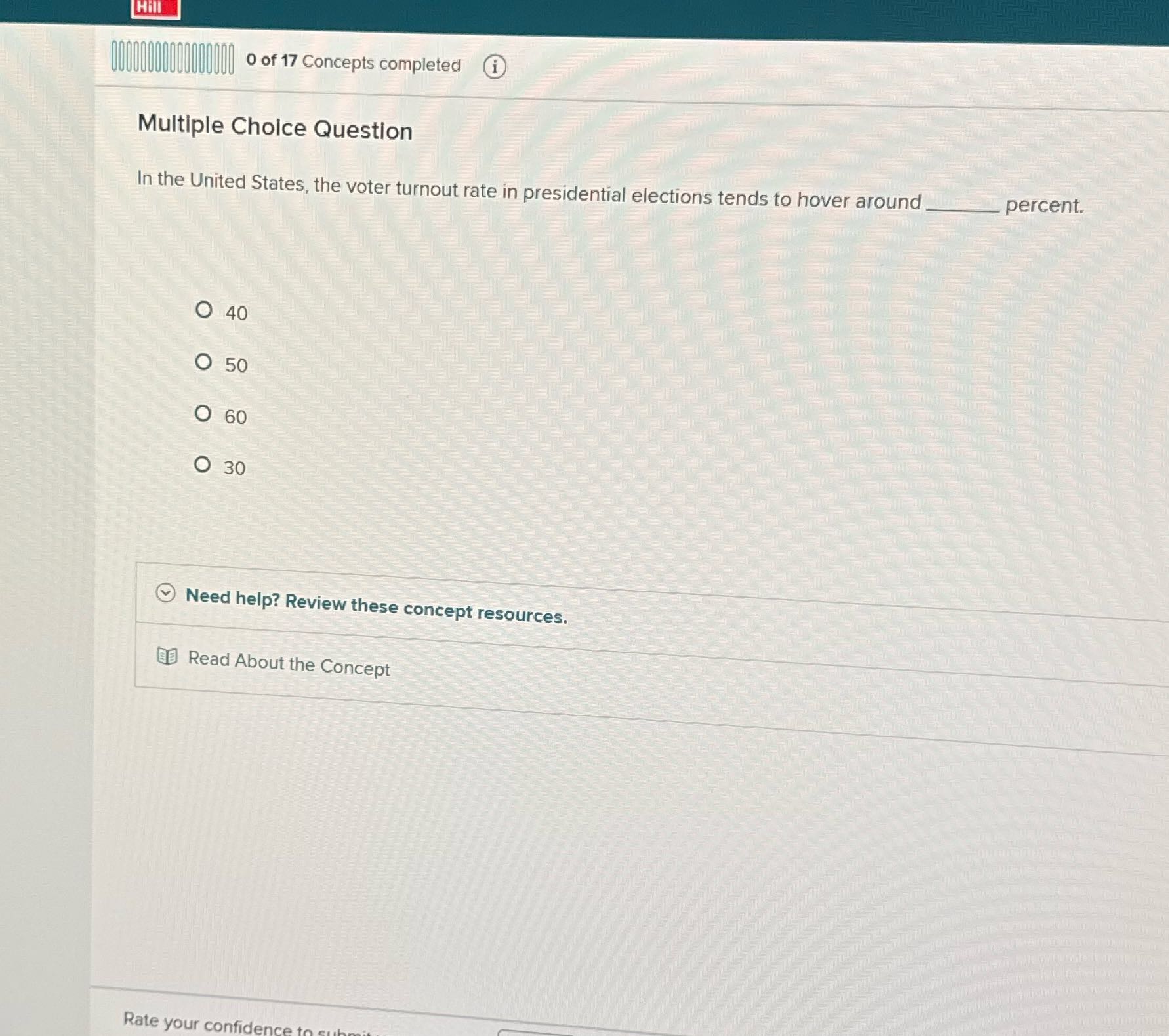 | | I | hl | | ll 0 of 17 Concepts completed (i)