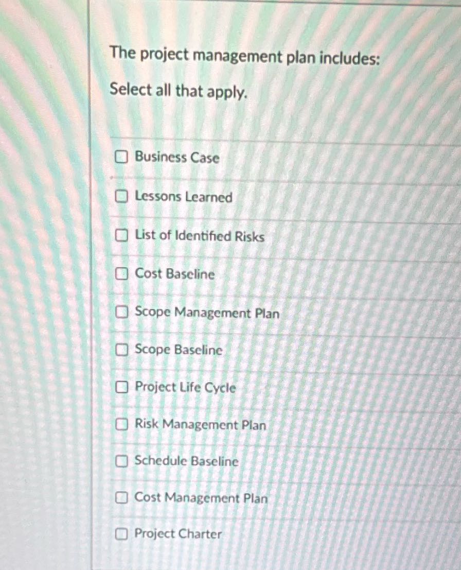 The project management plan includes: Select all