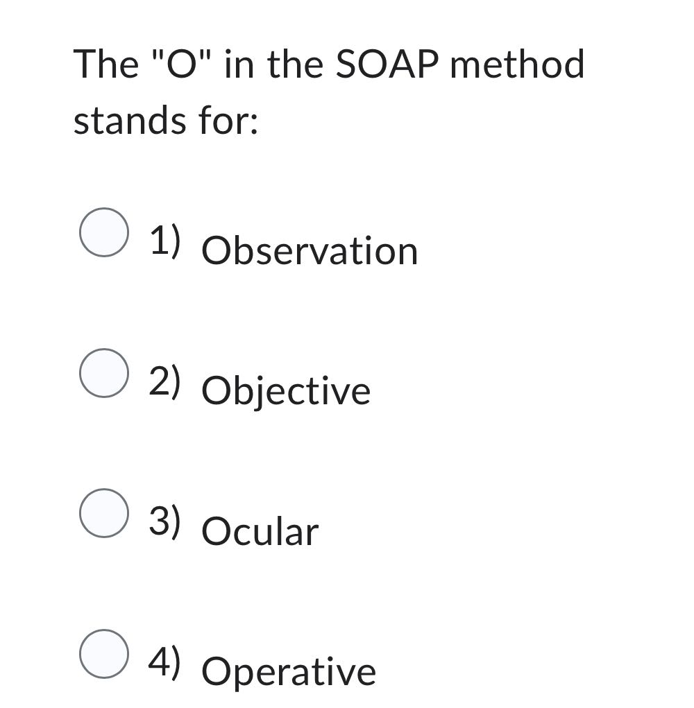 The "O" in the SOAP method stands for: 1)
