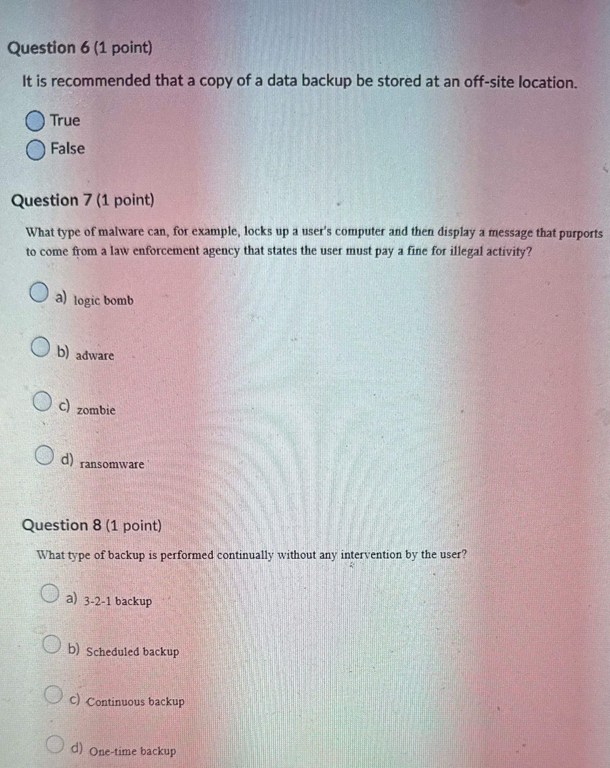 Answer Question 6 (1 point) It is recommended