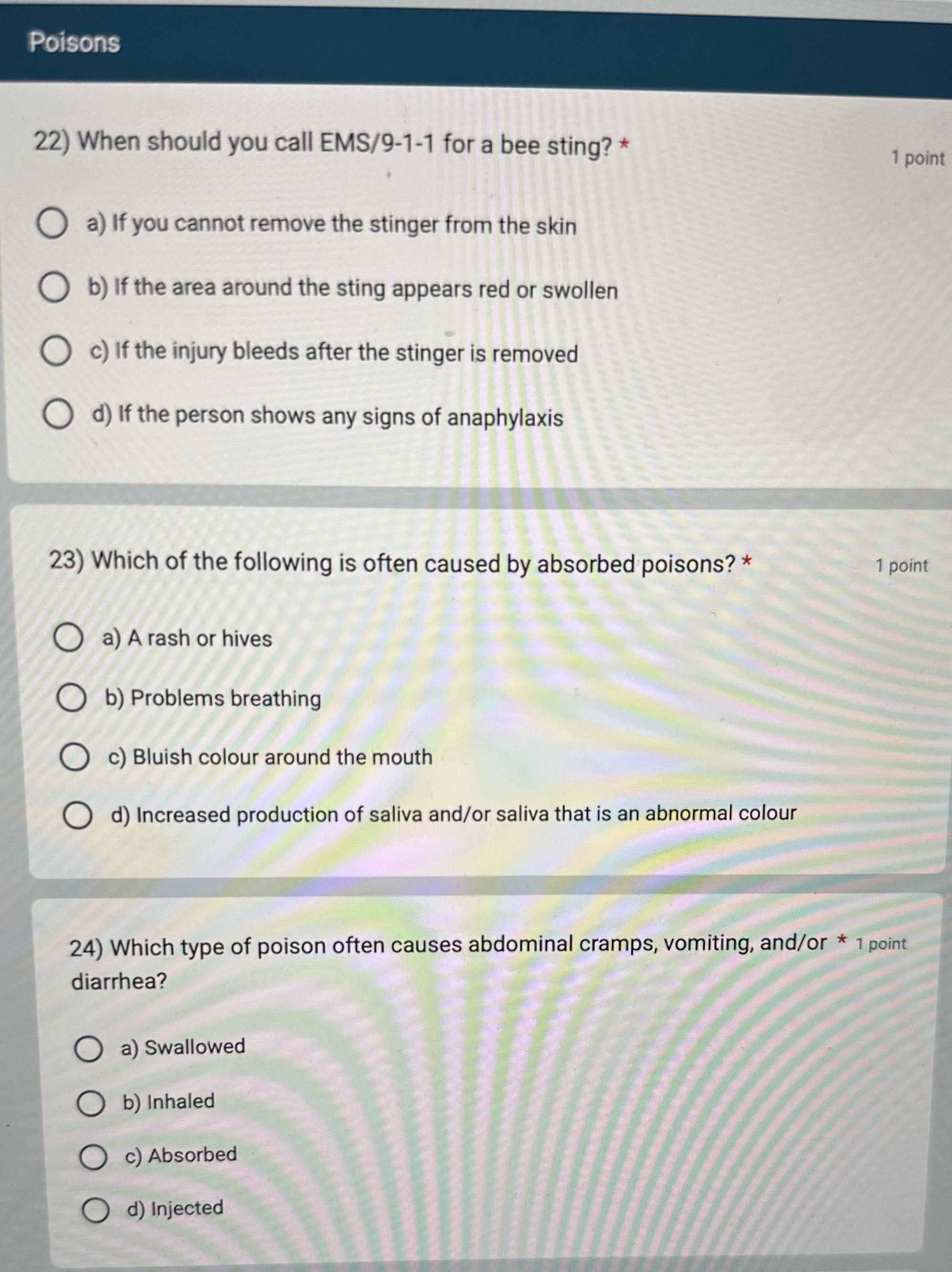 22) When should you call EMS/9-1-1 for a bee