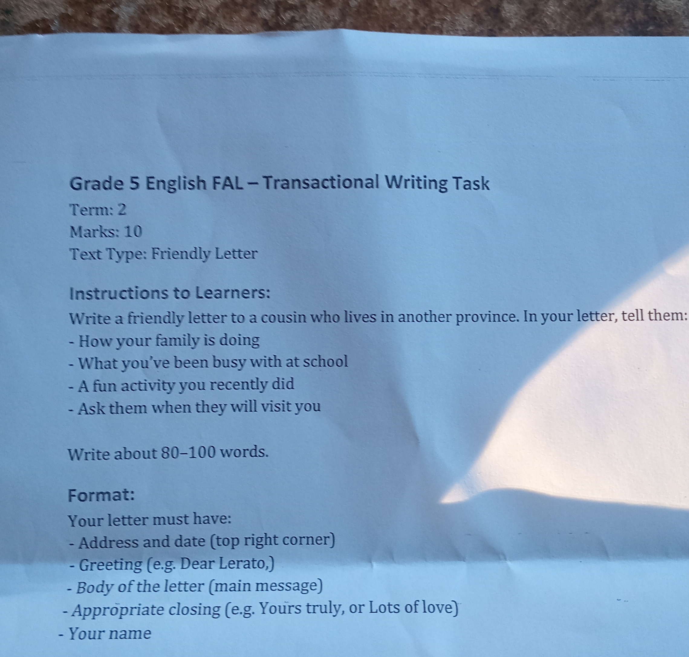 Grade 5 English FAL - Transactional Writing Task