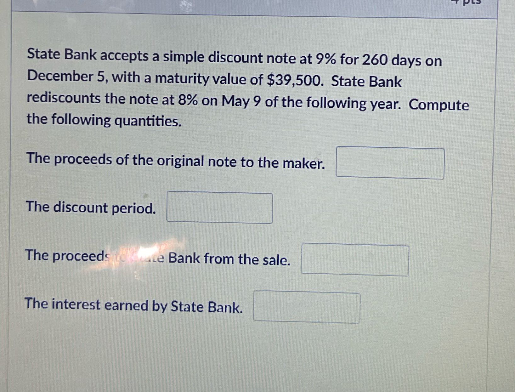 State Bank accepts a simple discount note at 9%