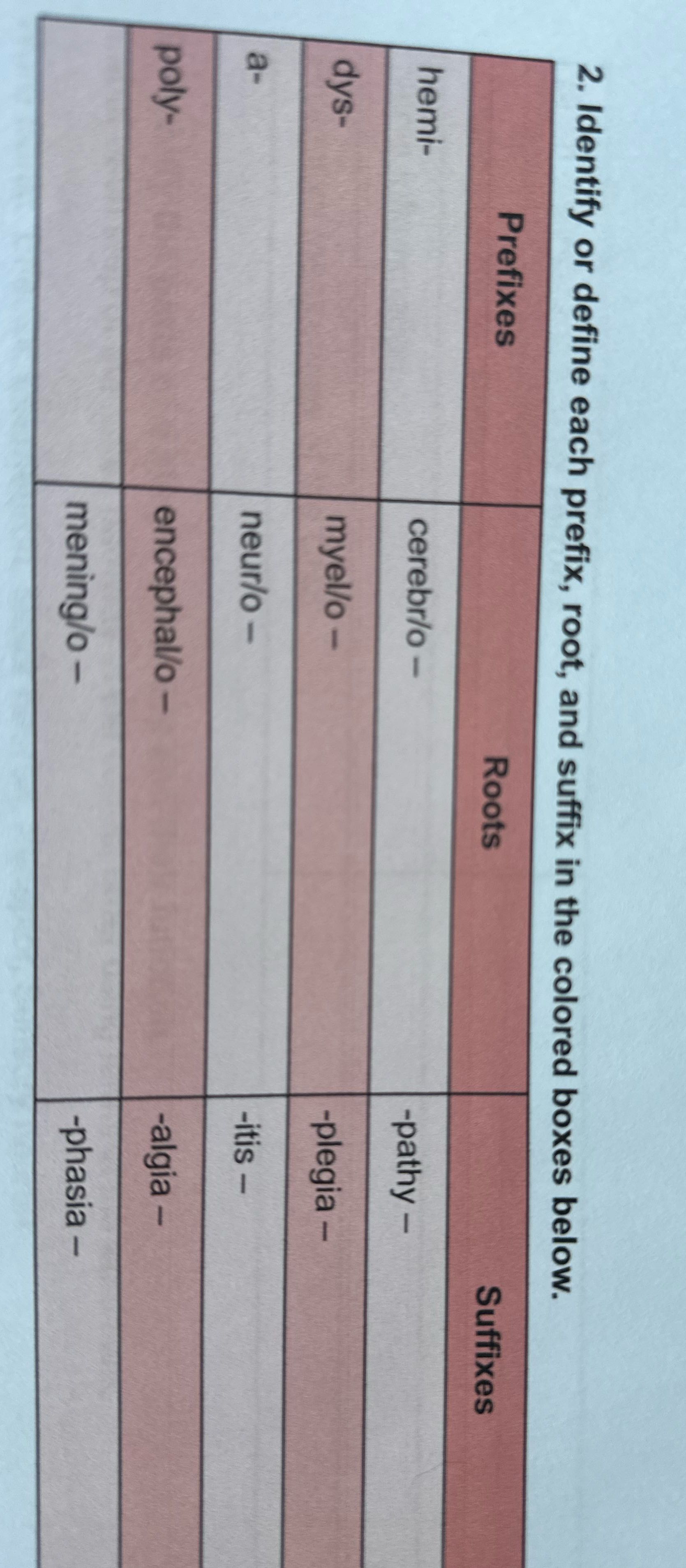 Answer 2. Identify or define each prefix, root,
