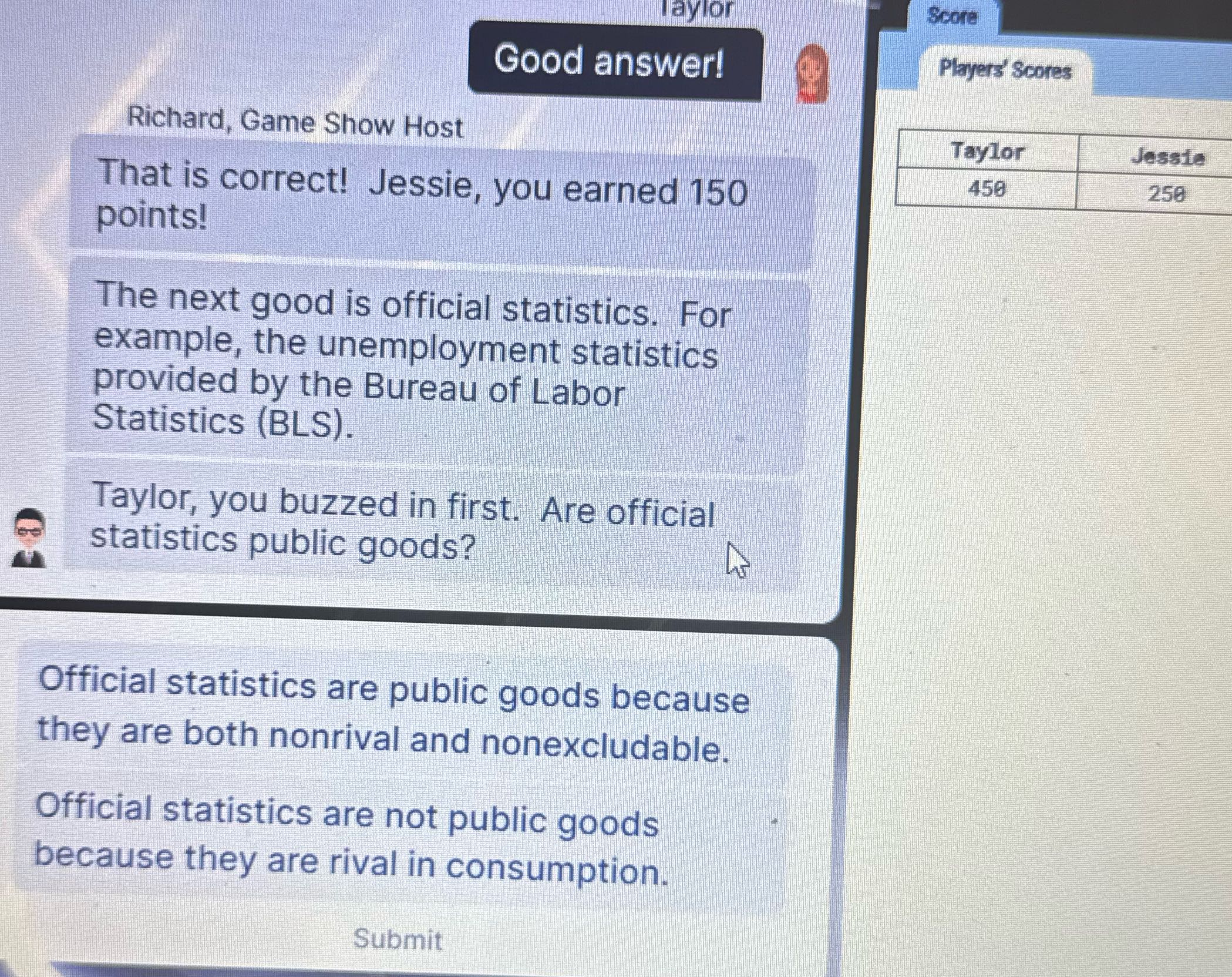 taylor Score Good answer! Players' Scores