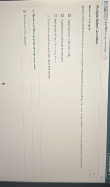 6 of 1 8 Concepts completed Multiple Select