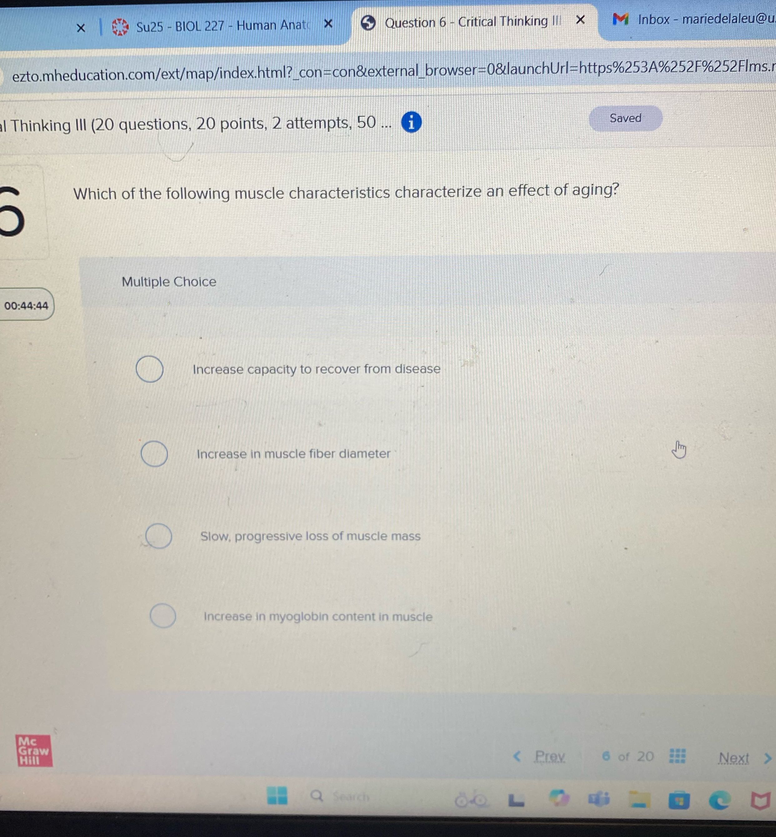 X Su25 - BIOL 227 - Human Anato X Question 6 -