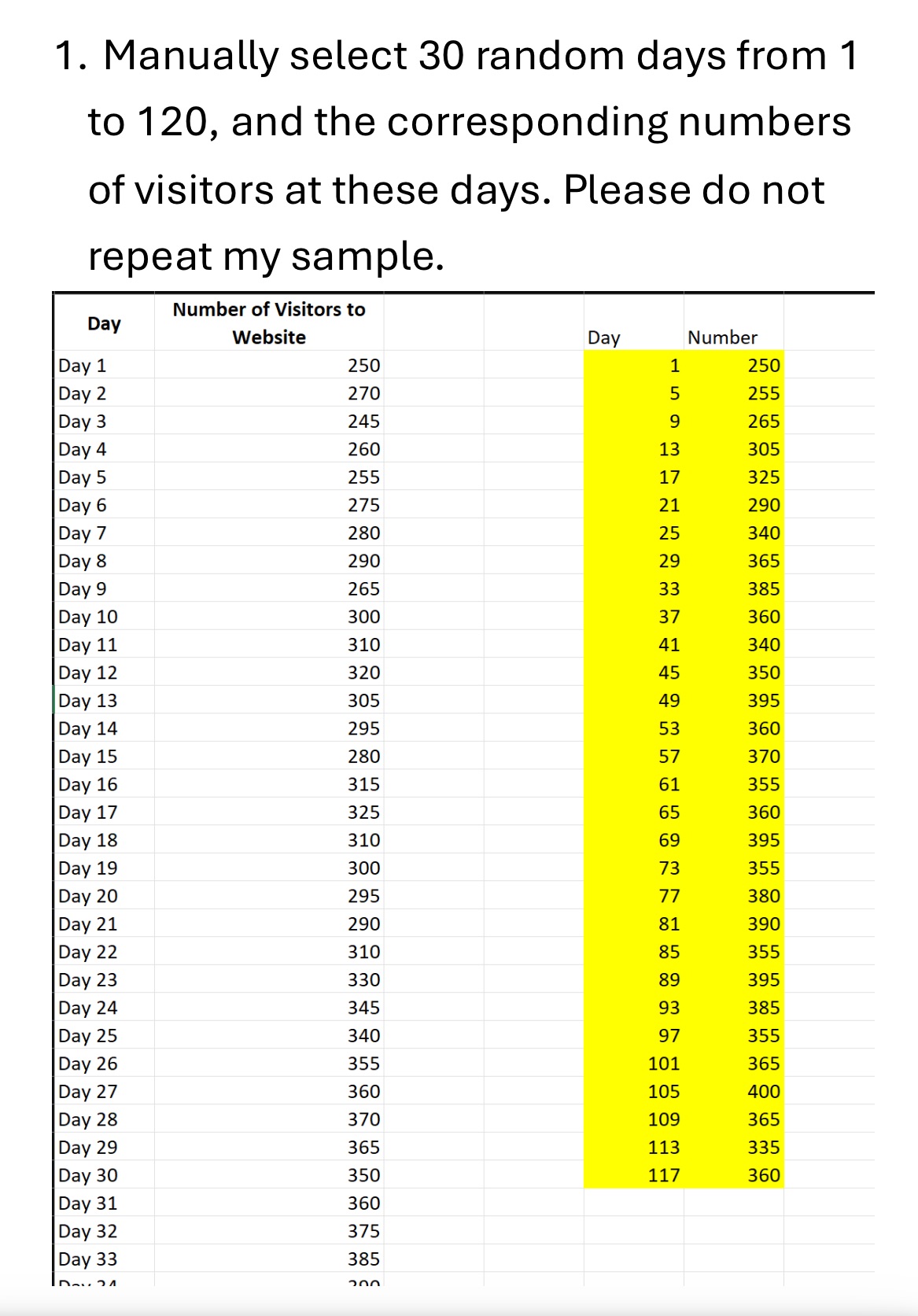 1. Manually select 30 random days from 1 to 120,