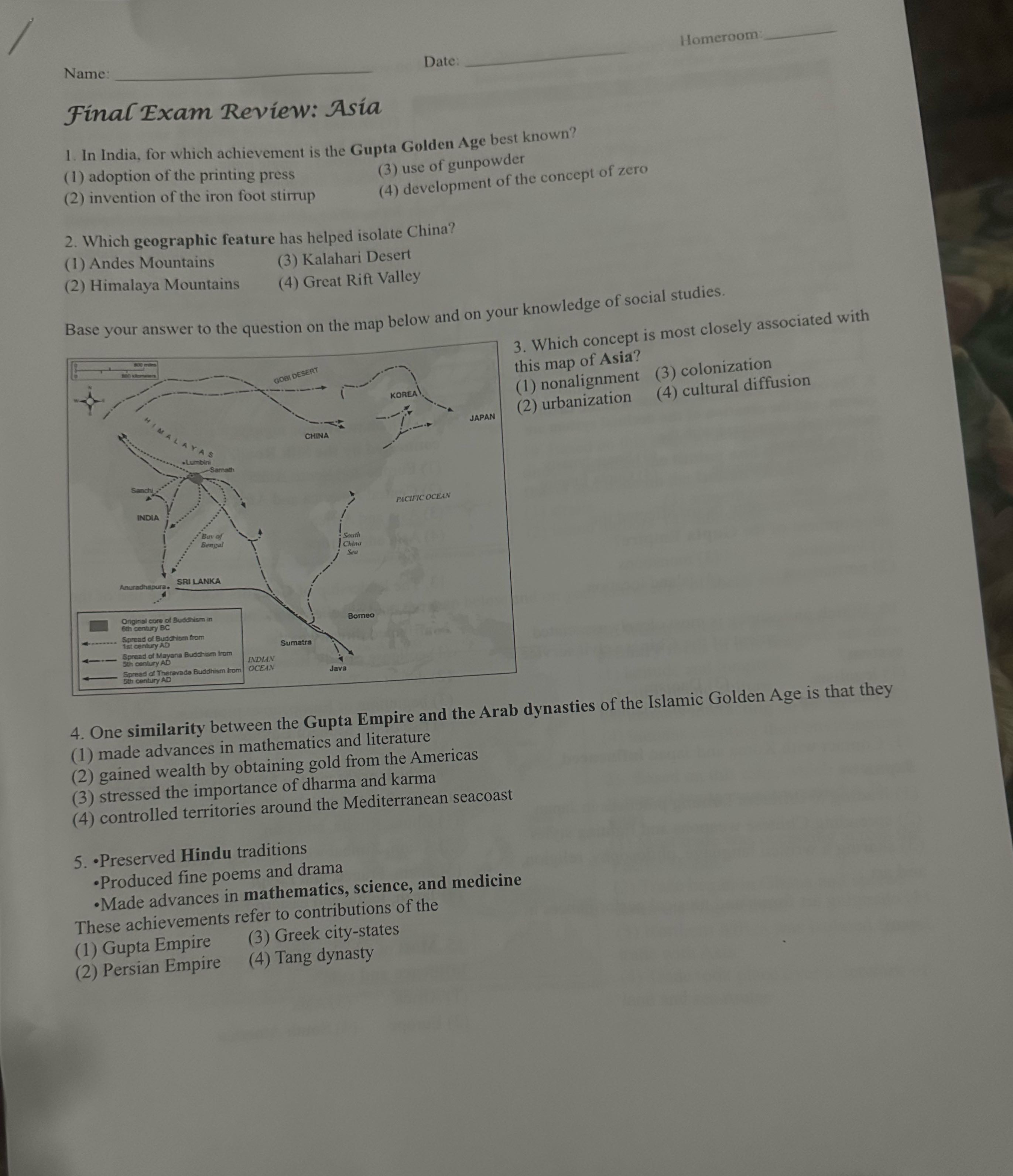 Name Date Homeroom Final Exam Review: Asia 1. In
