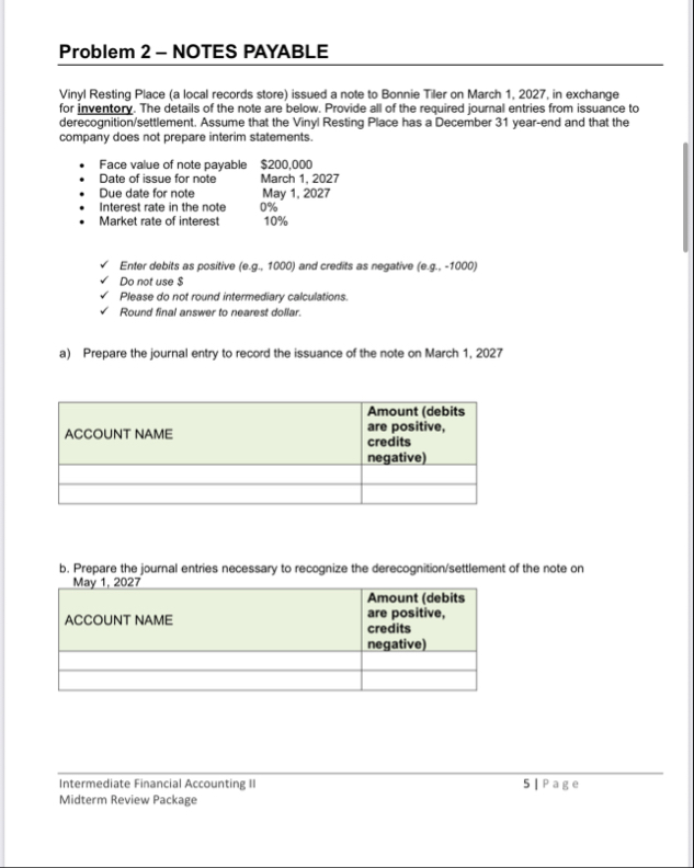 Problem 2 - NOTES PAYABLE Vinyl Resting Place ( a