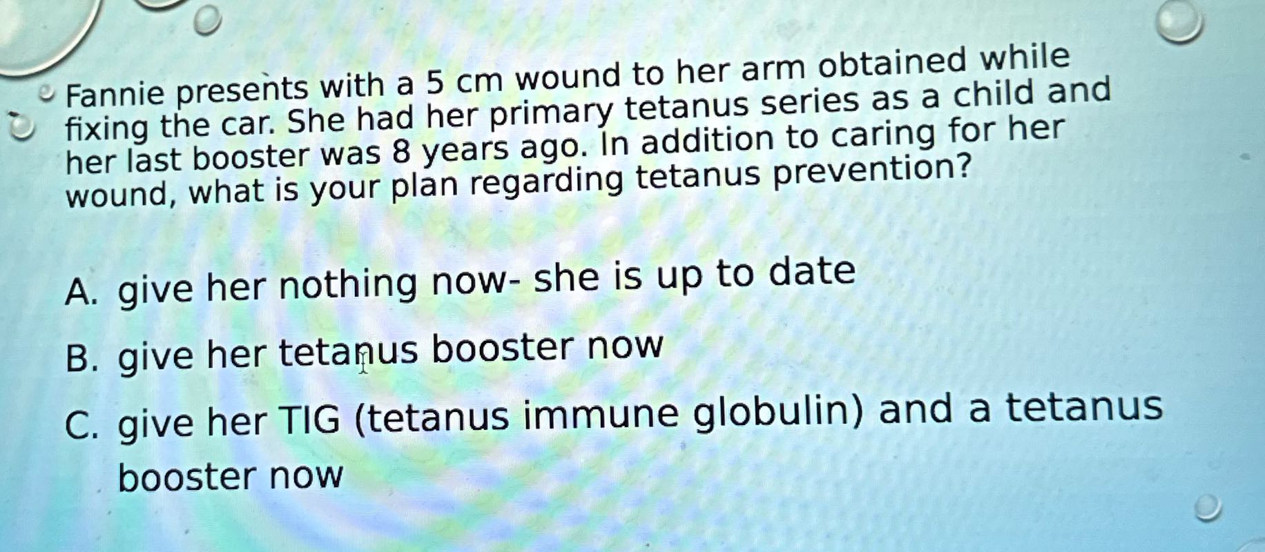 wee iy _ Fannie presents with a 5 cm wound to her