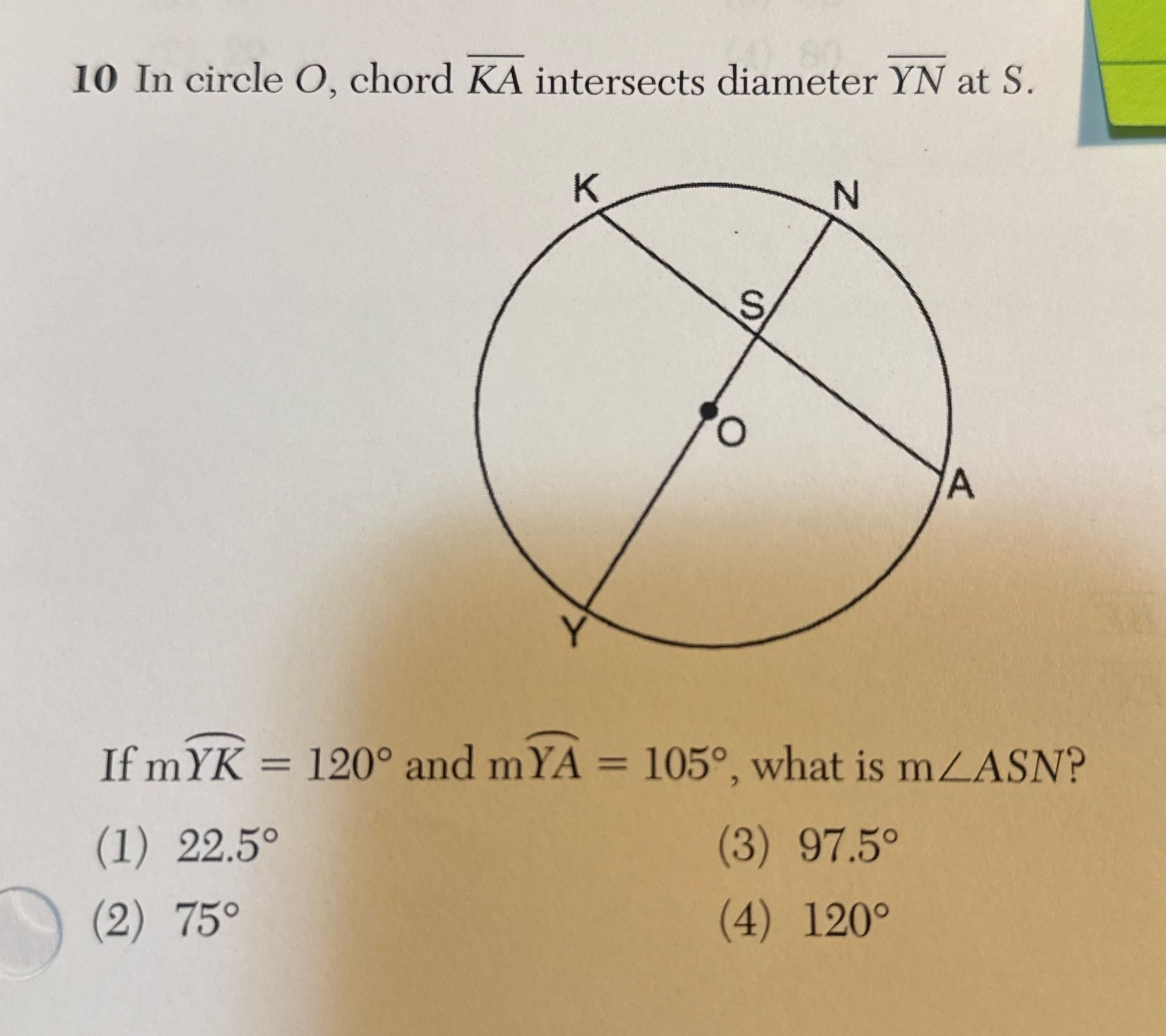 10 In circle O, chord KA intersects diameter YN