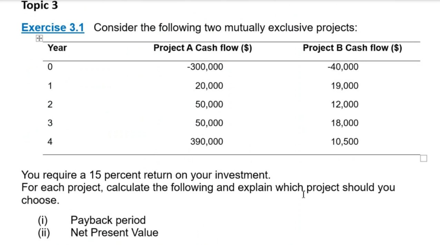 how to get the answer for payback period Topic 3