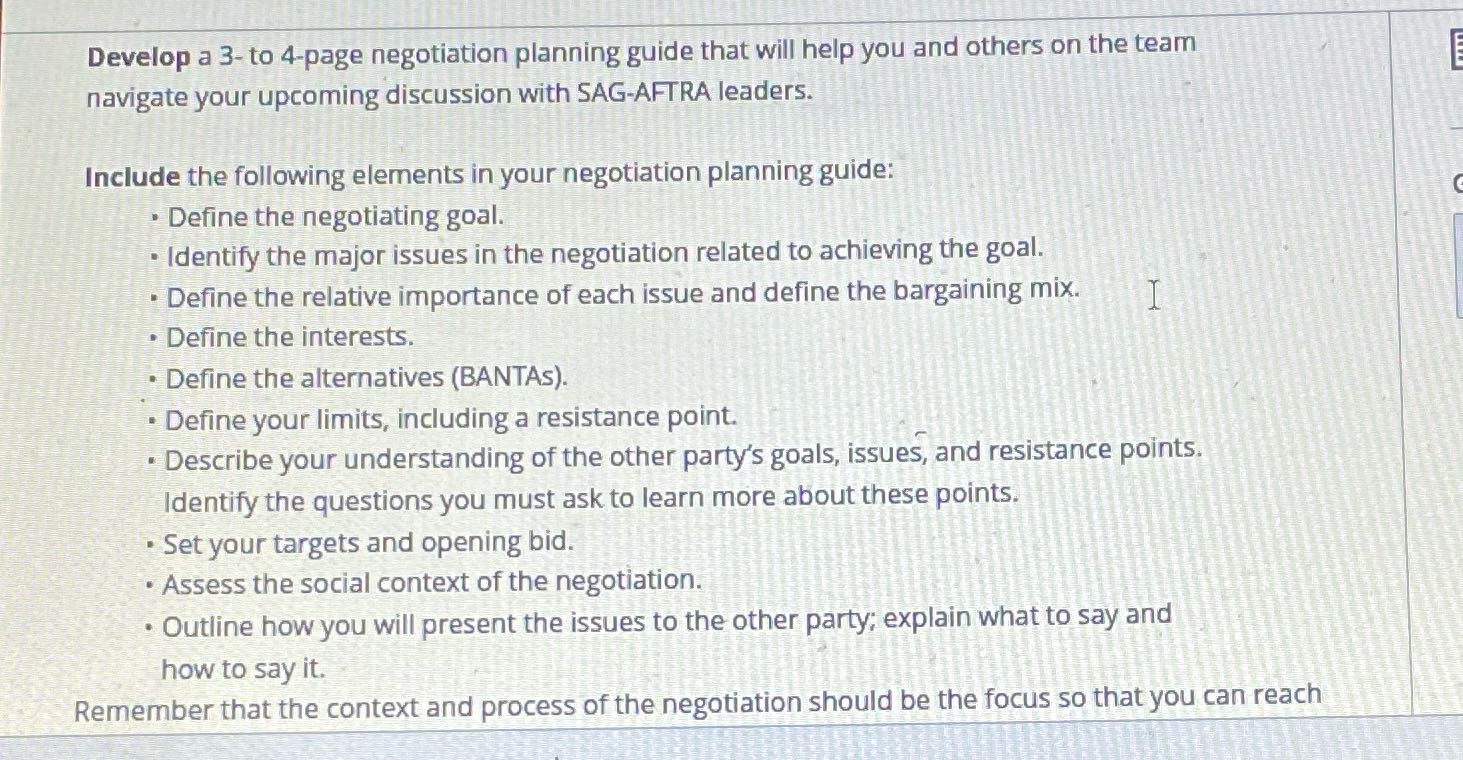 Develop a 3- to 4-page negotiation planning guide