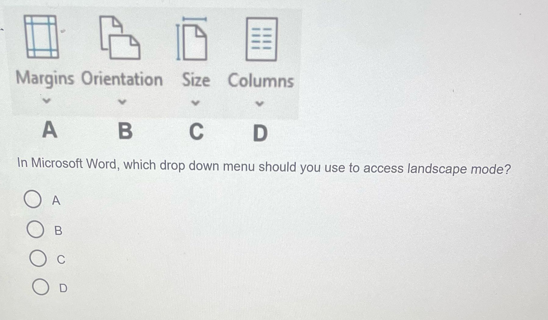 E Margins Orientation Size Columns A B C D In
