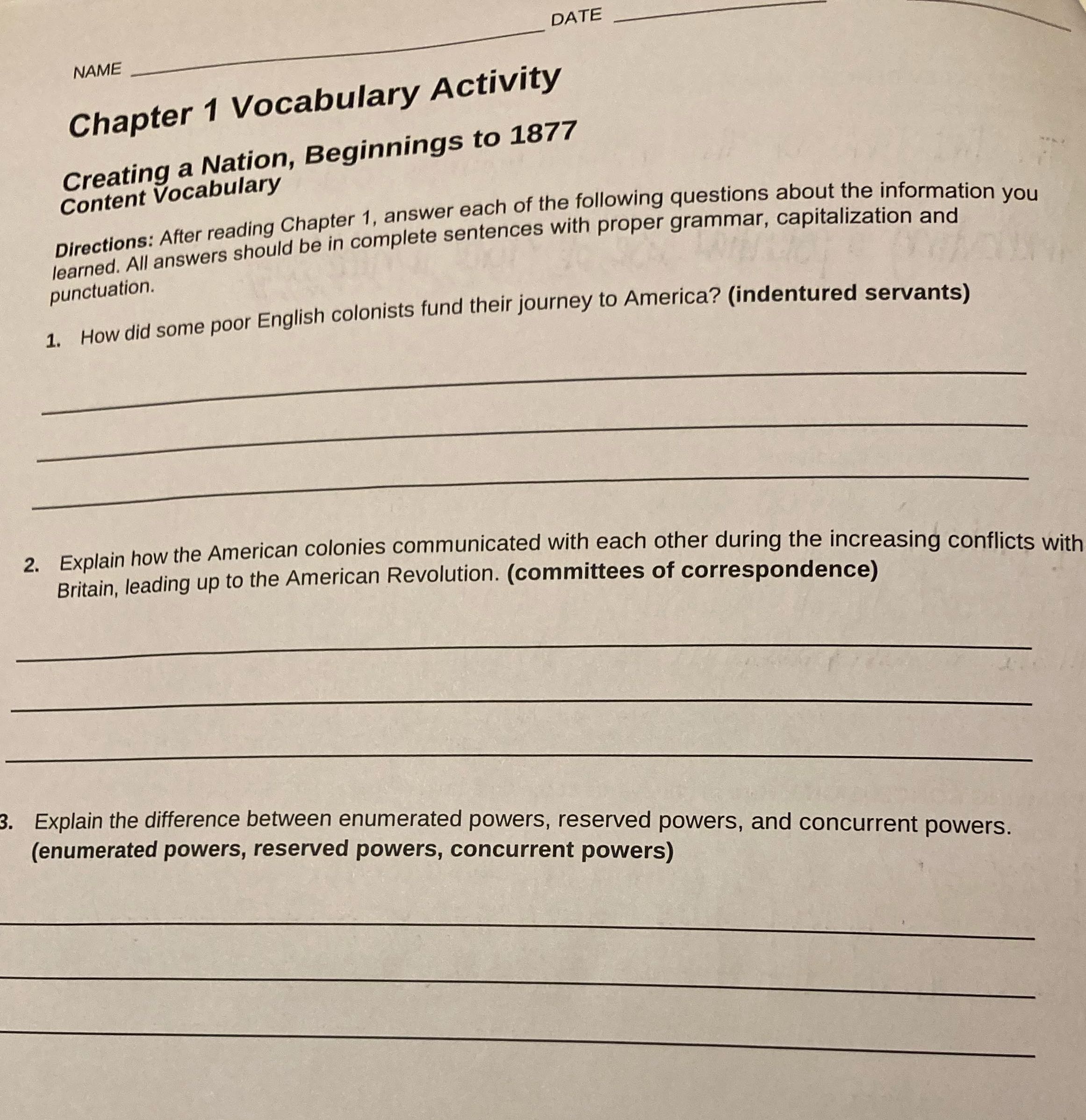 DATE NAME Chapter 1 Vocabulary Activity Creating