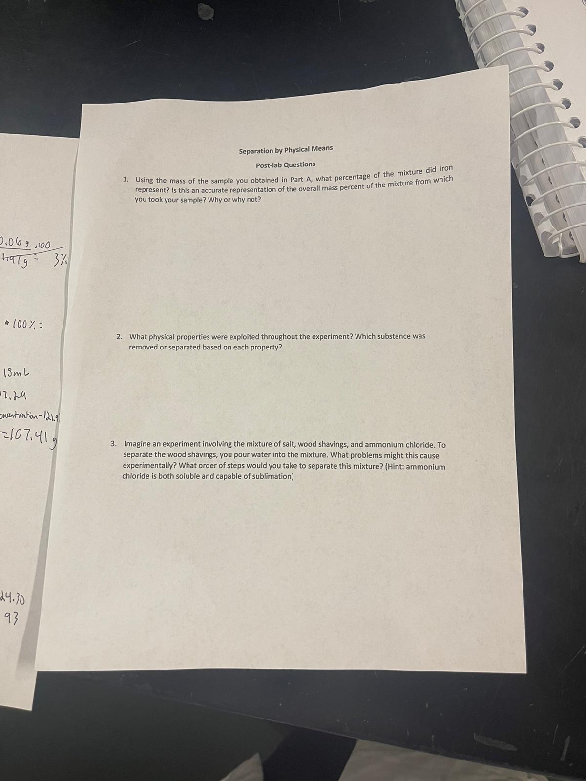 need answer Separation by Physical Means Post-lab