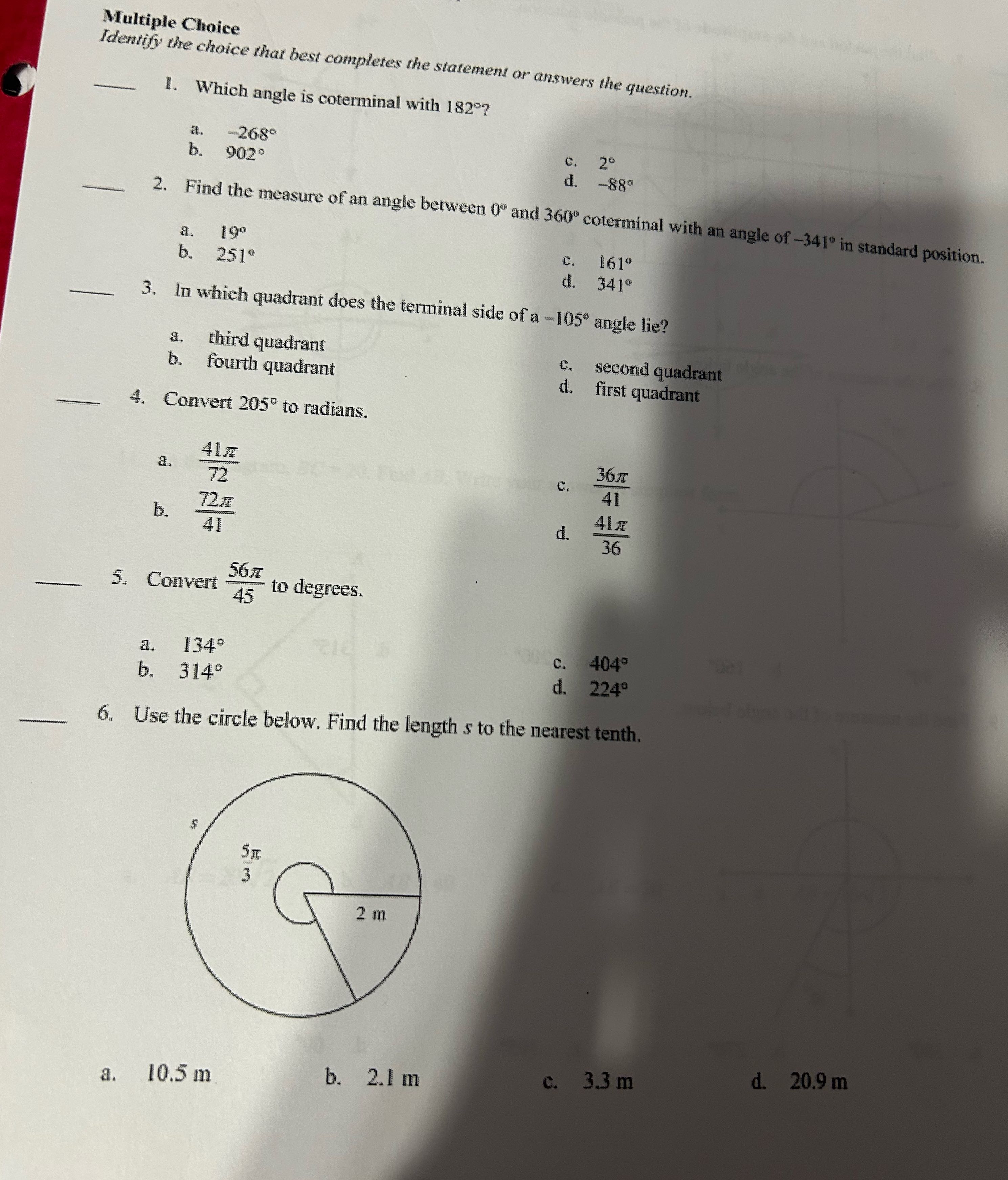 Multiple Choice Identify the choice that best