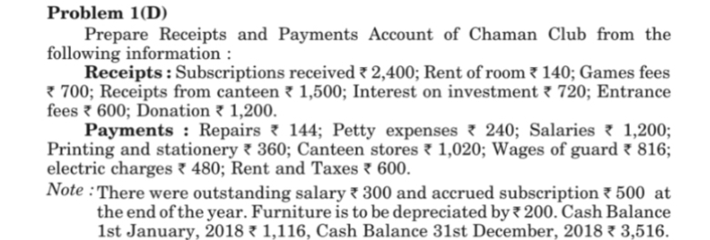 Problem 1 ( D ) Prepare Receipts and Payments