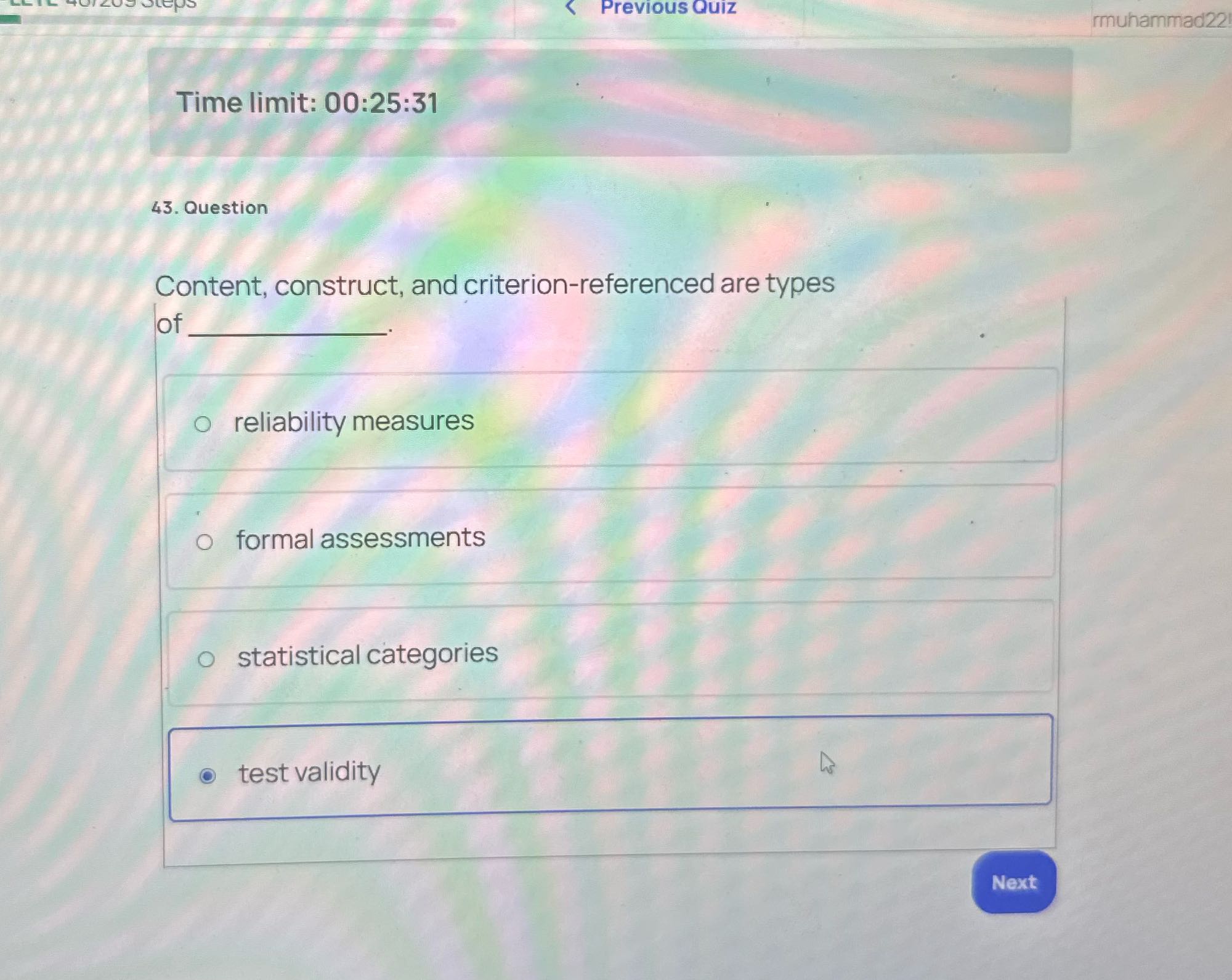 Previous Quiz rmuhammad22 Time limit: 00:25:31