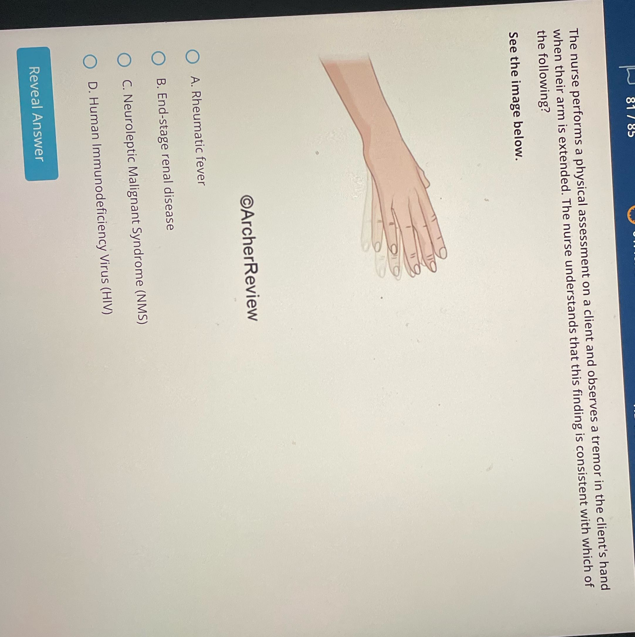 The nurse performs a physical assessment on a