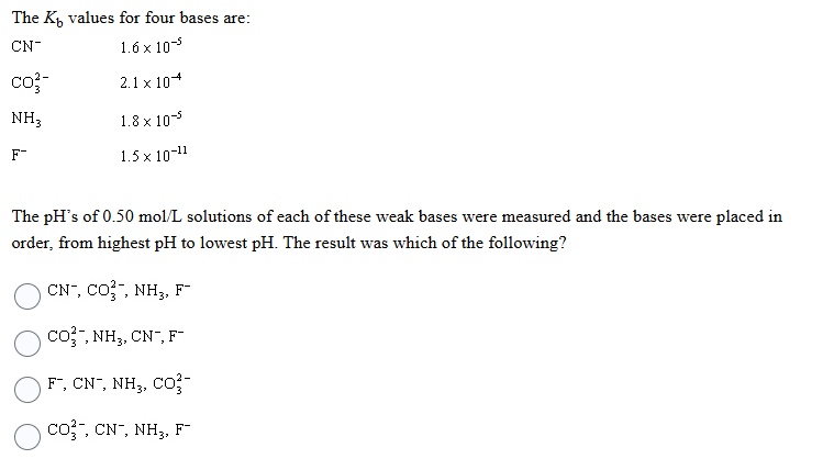 please answer The Ko values for four bases are: