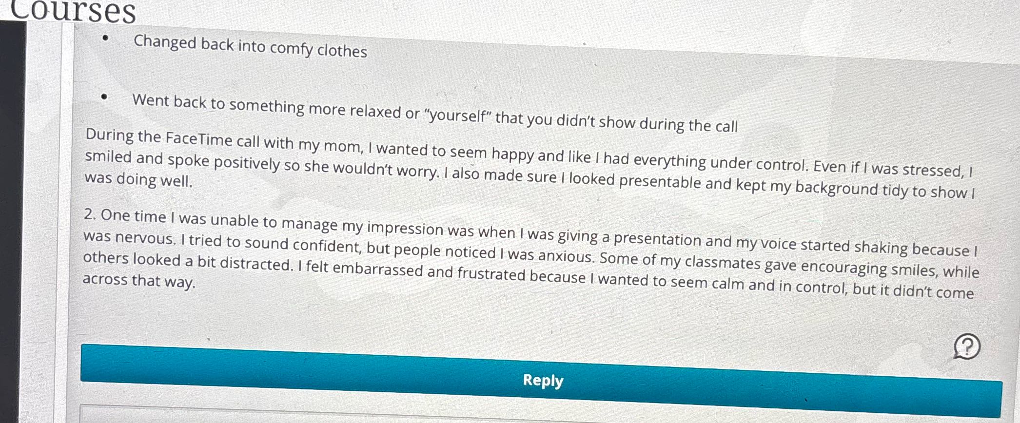 Reply to classmates Lourses * Changed back into