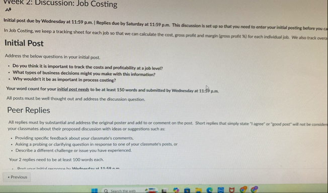 vveek 2 : Discussion: Job Costing Initial post