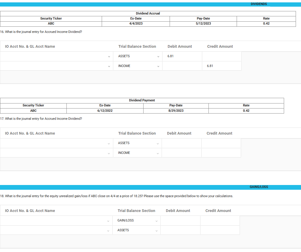 Please fix Dividend Journal Entries and Gain /
