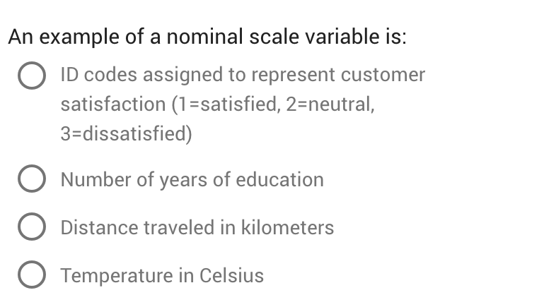 solve An example of a nominal scale variable is: