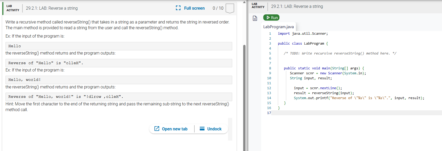 Write a recursive method called reverseString()