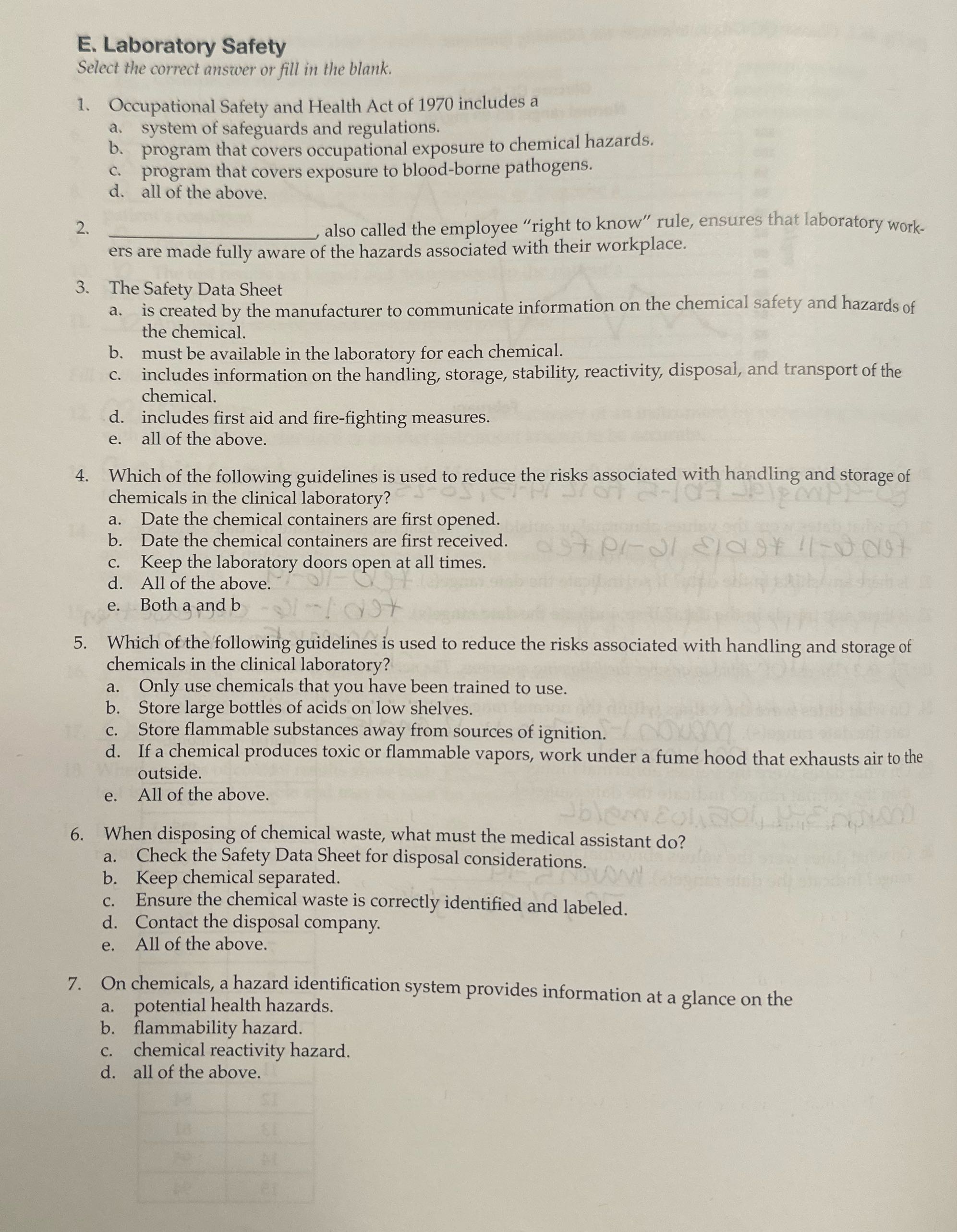 E. Laboratory Safety Select the correct answer or