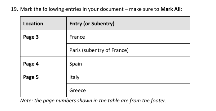 a 19. Mark the following entries in your document