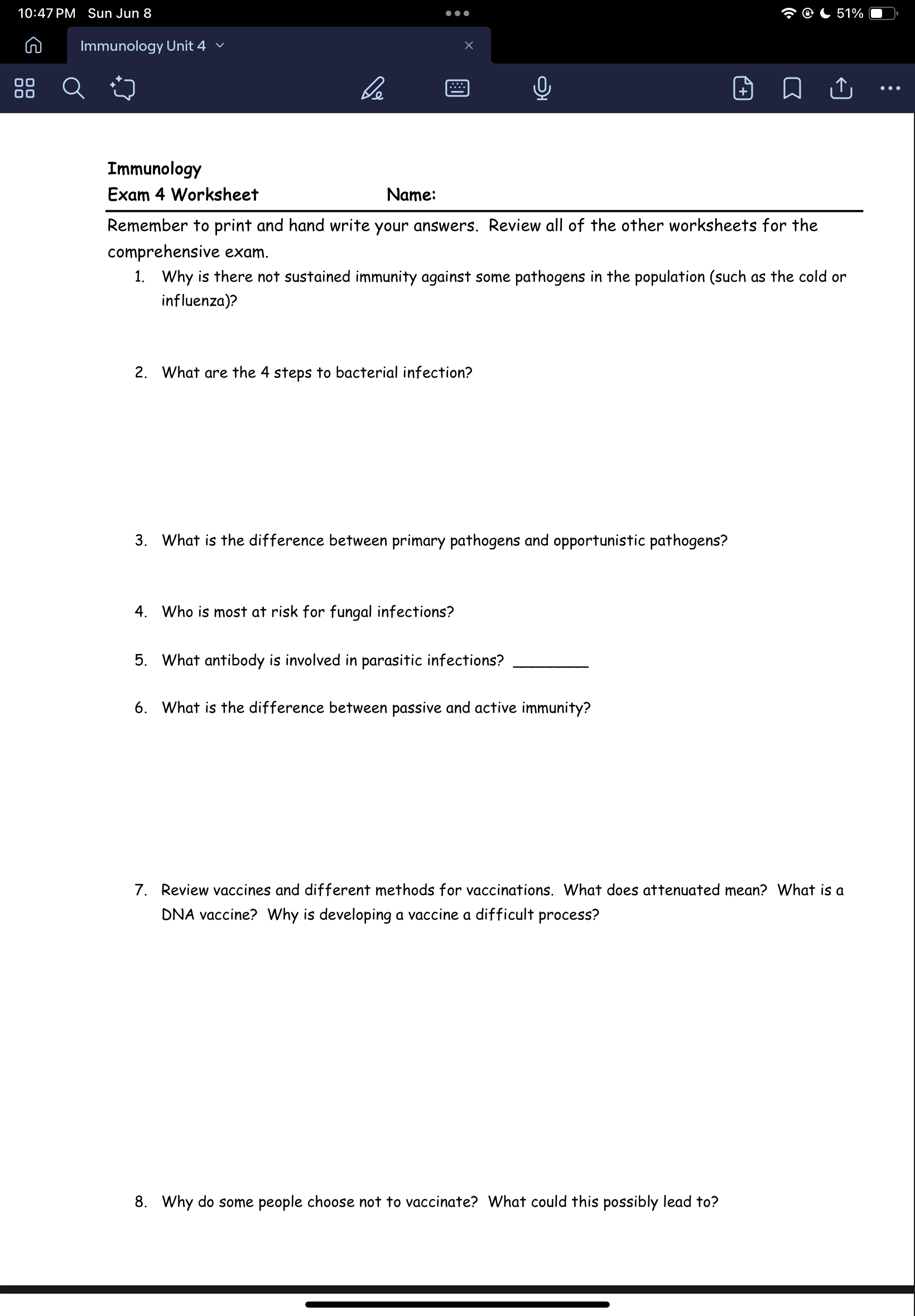 10:47 PM Sun Jun 8 @ 51% n Immunology Unit 4 v X