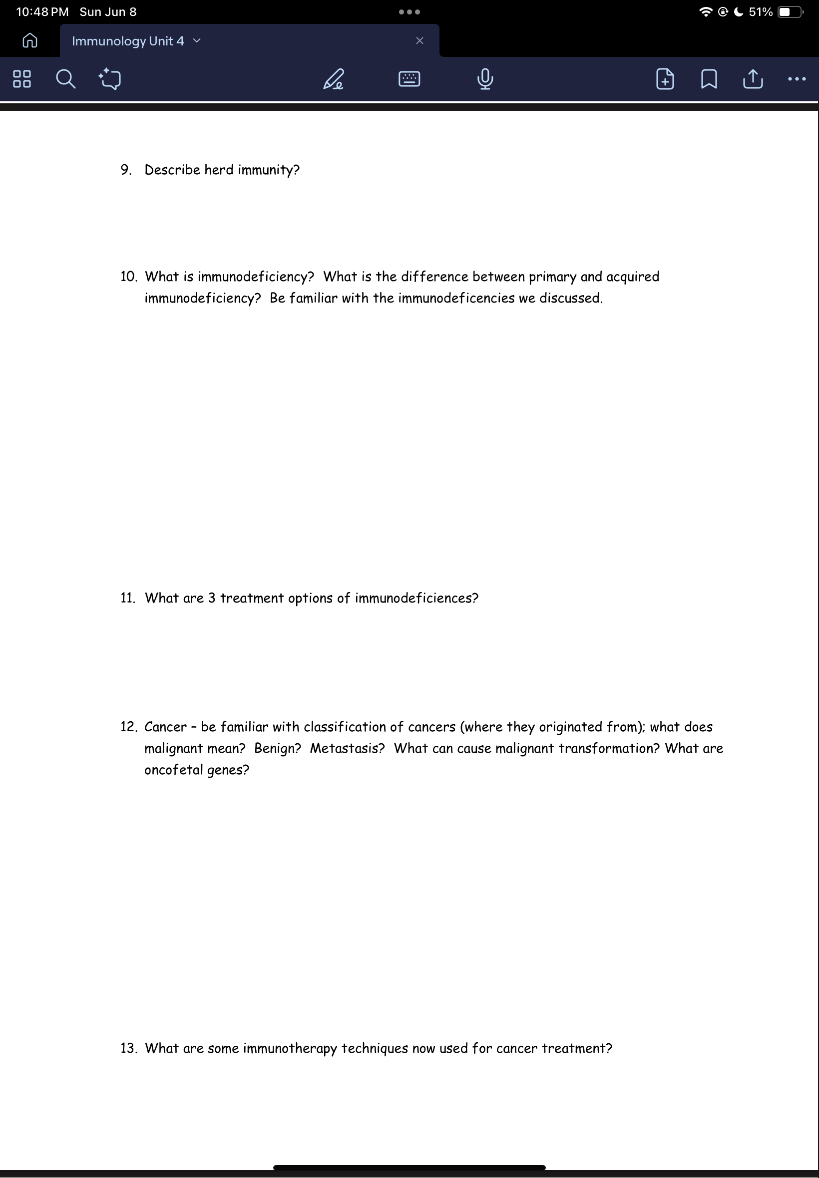 10:47 PM Sun Jun 8 @ 51% n Immunology Unit 4 v X