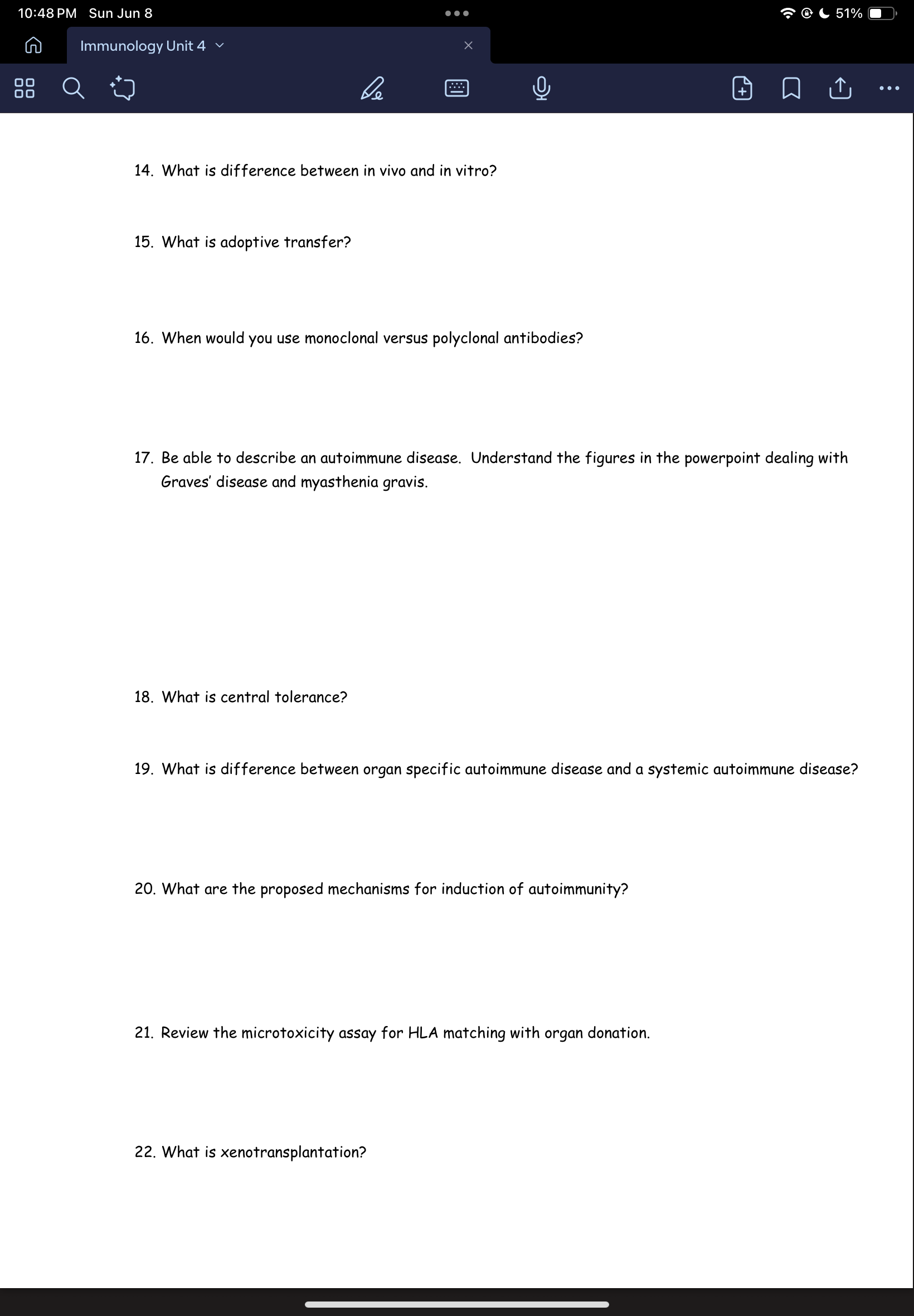 10:47 PM Sun Jun 8 @ 51% n Immunology Unit 4 v X