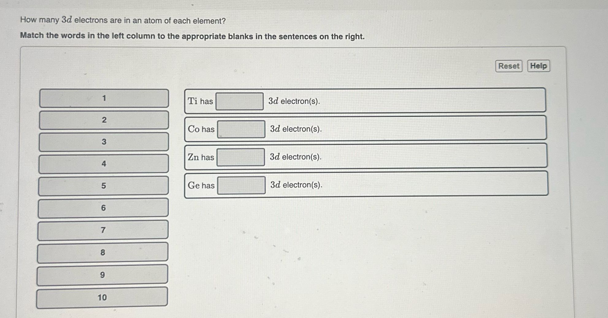 How many 3d electrons are in an atom of each