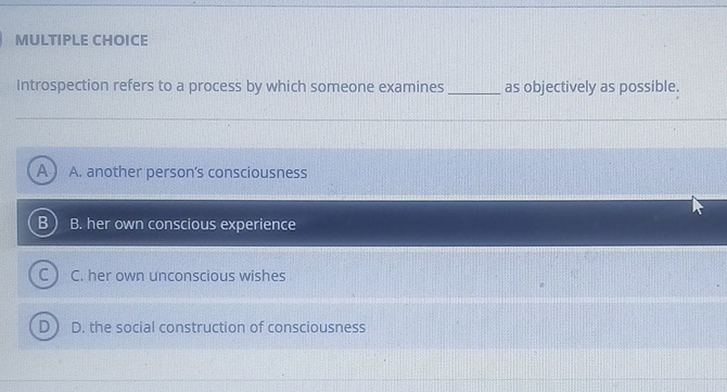 MULTIPLE CHOICE Introspection refers to a process