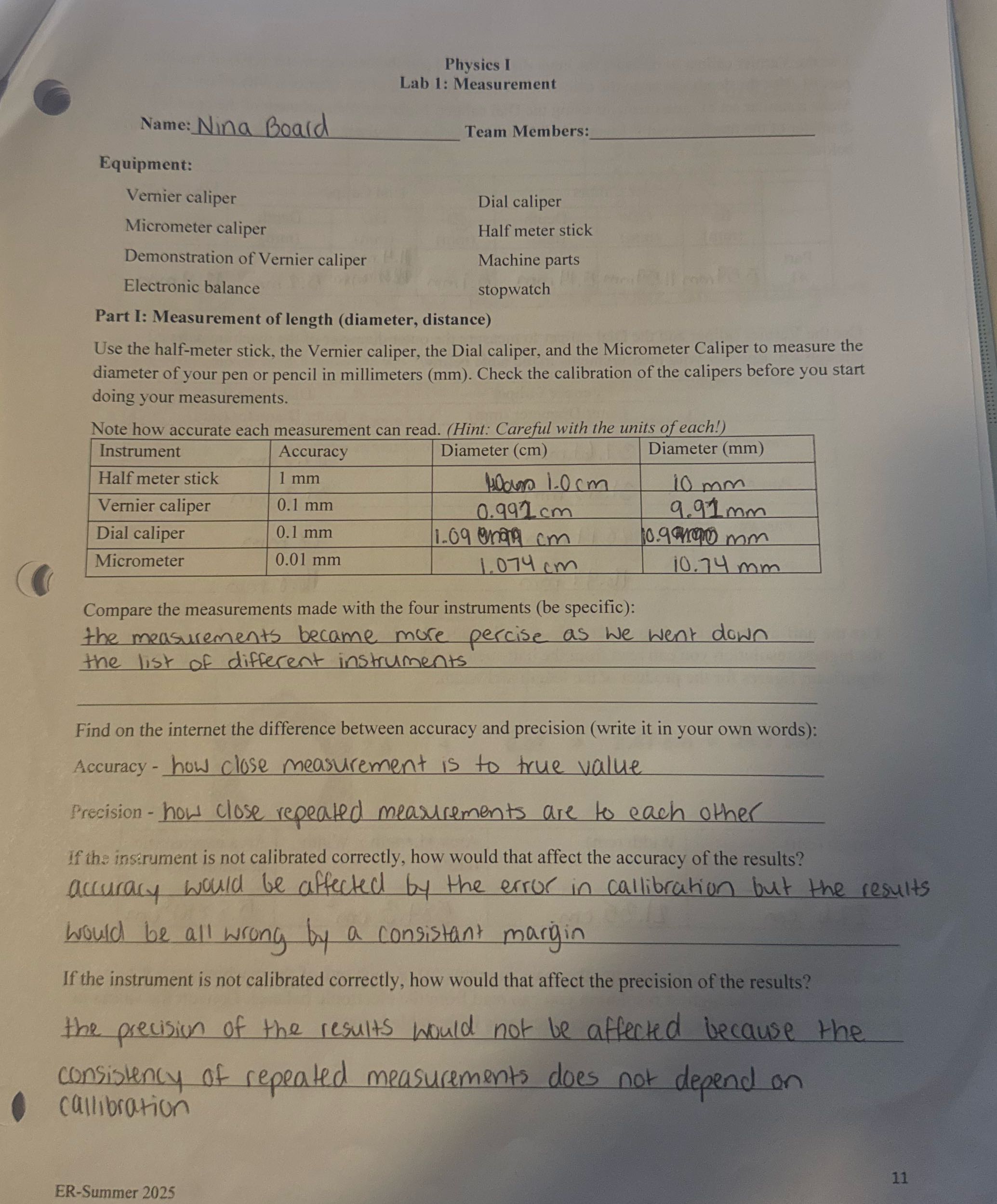 lab report for this lab Physics I Lab 1: