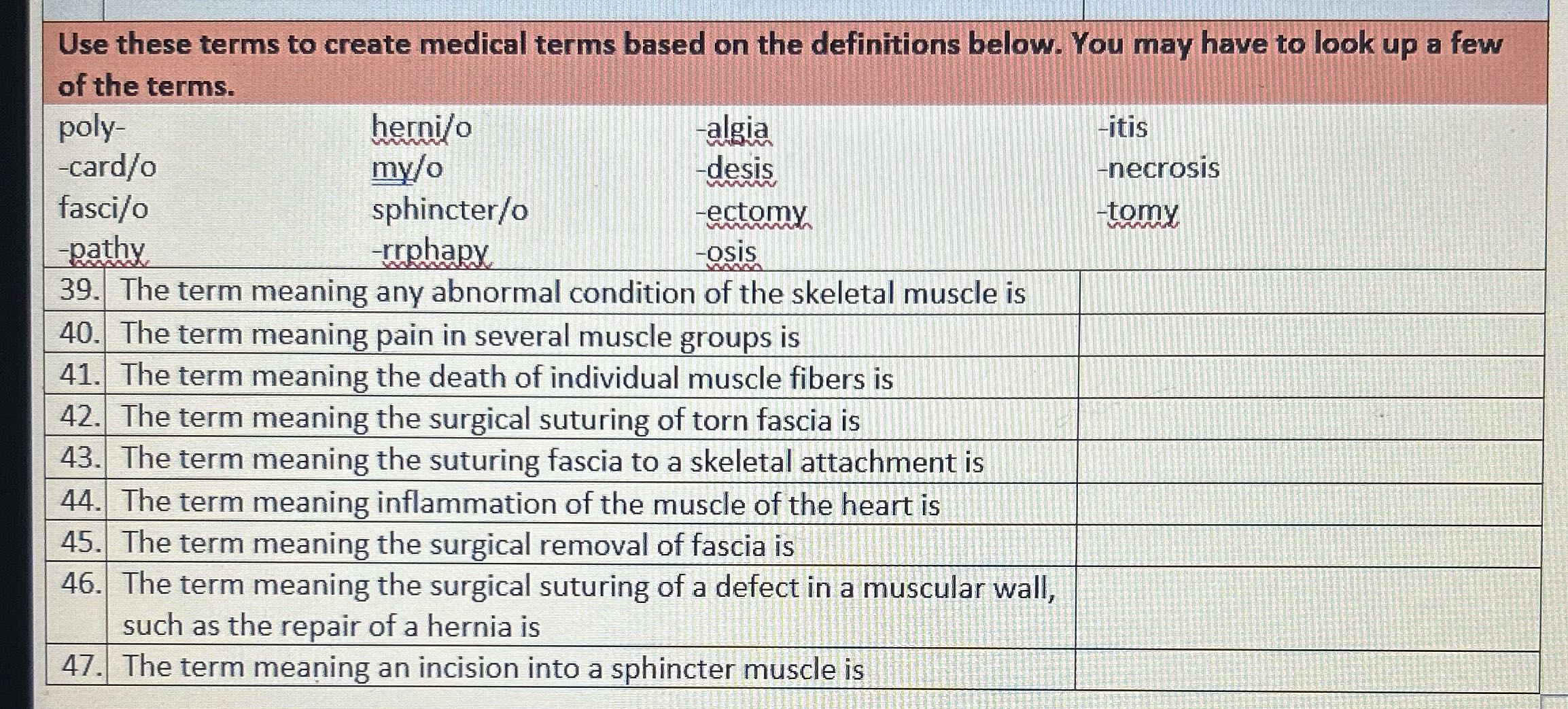 Use these terms to create medical terms based on
