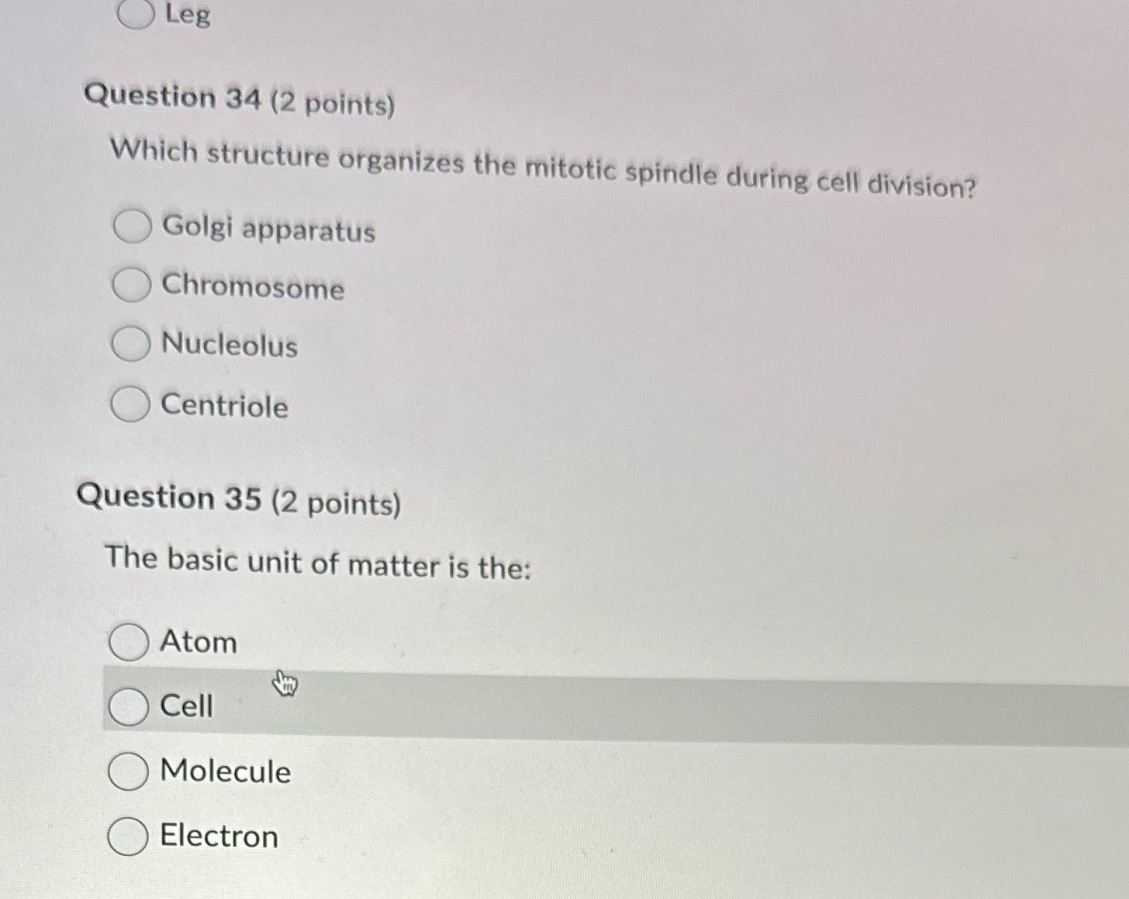 Leg Question 34 (2 points) Which structure