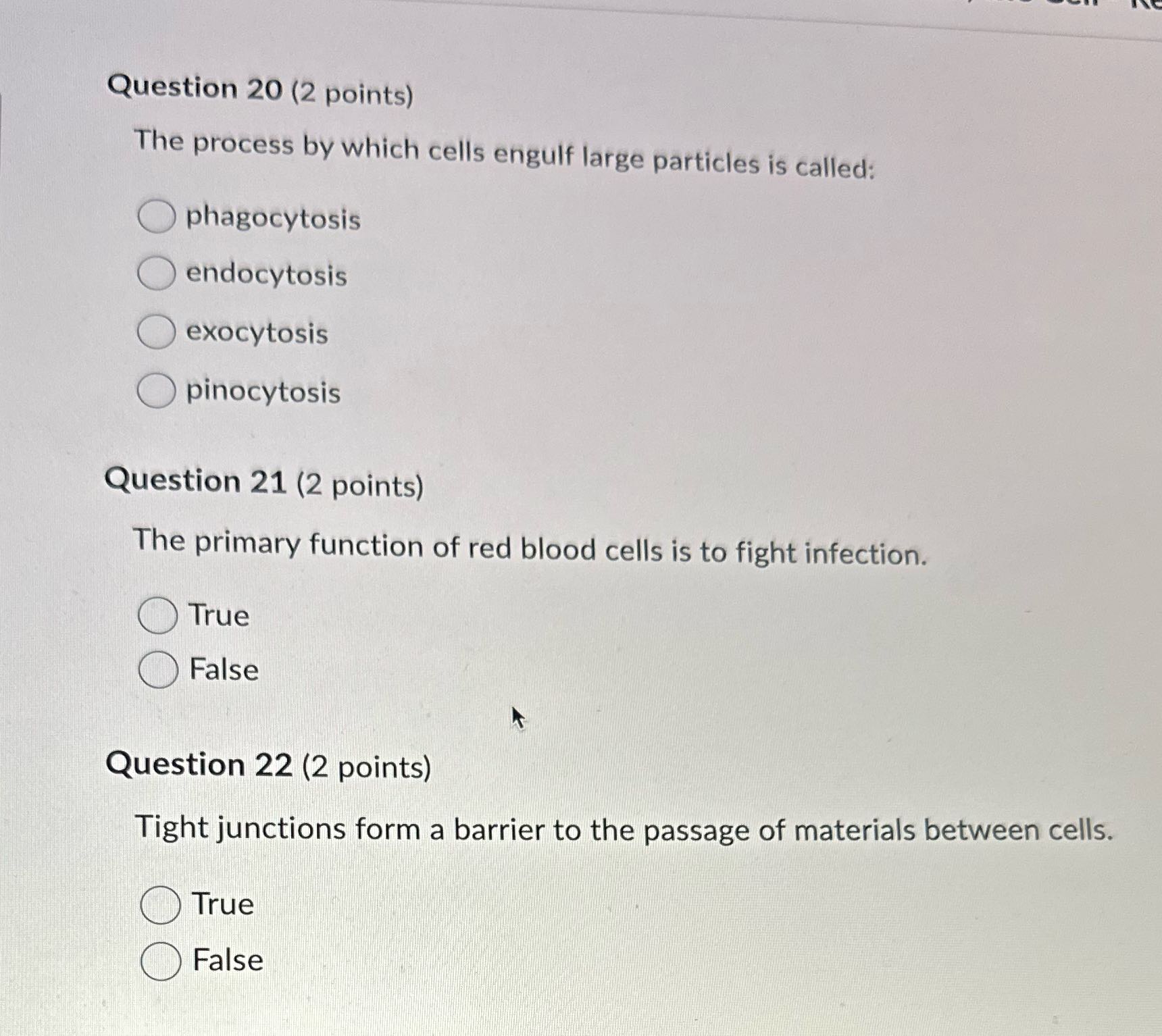 Question 20 (2 points) The process by which cells