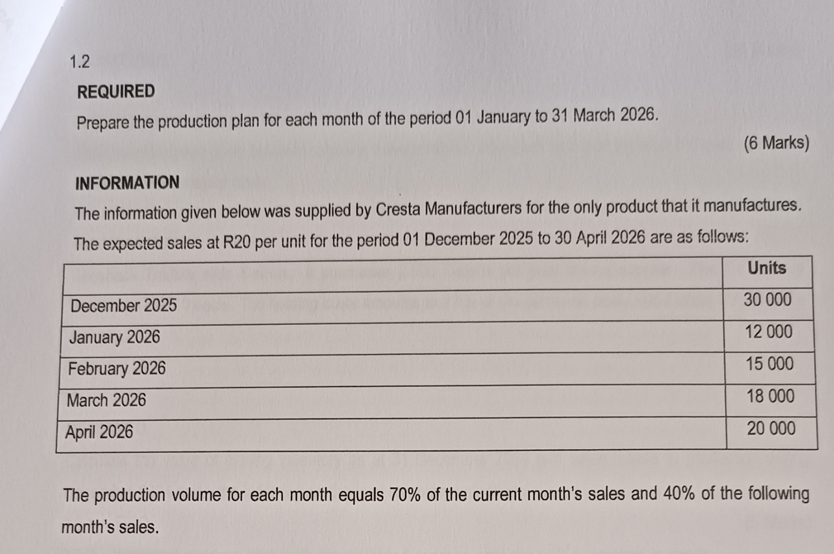1 . 2 REQUIRED Prepare the production plan for