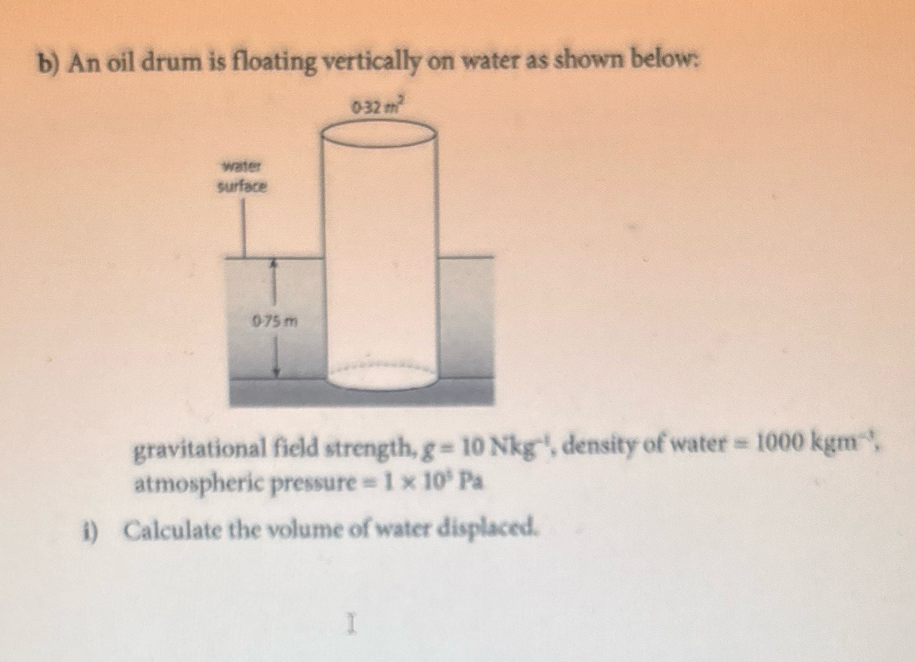 b) An oil drum is floating vertically on water as